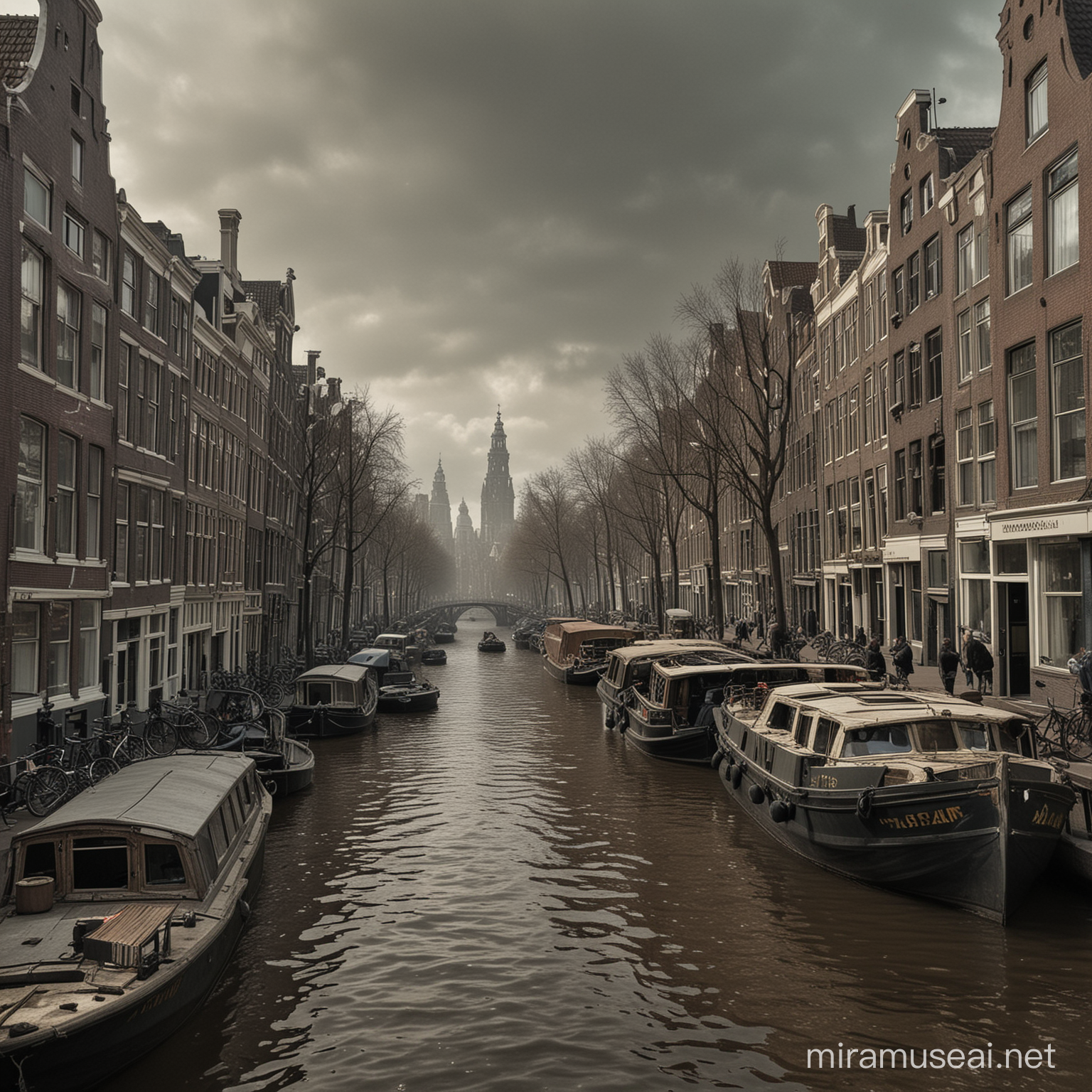 Apocalyptic Amsterdam Cityscape with Ruined Buildings and Ominous Sky