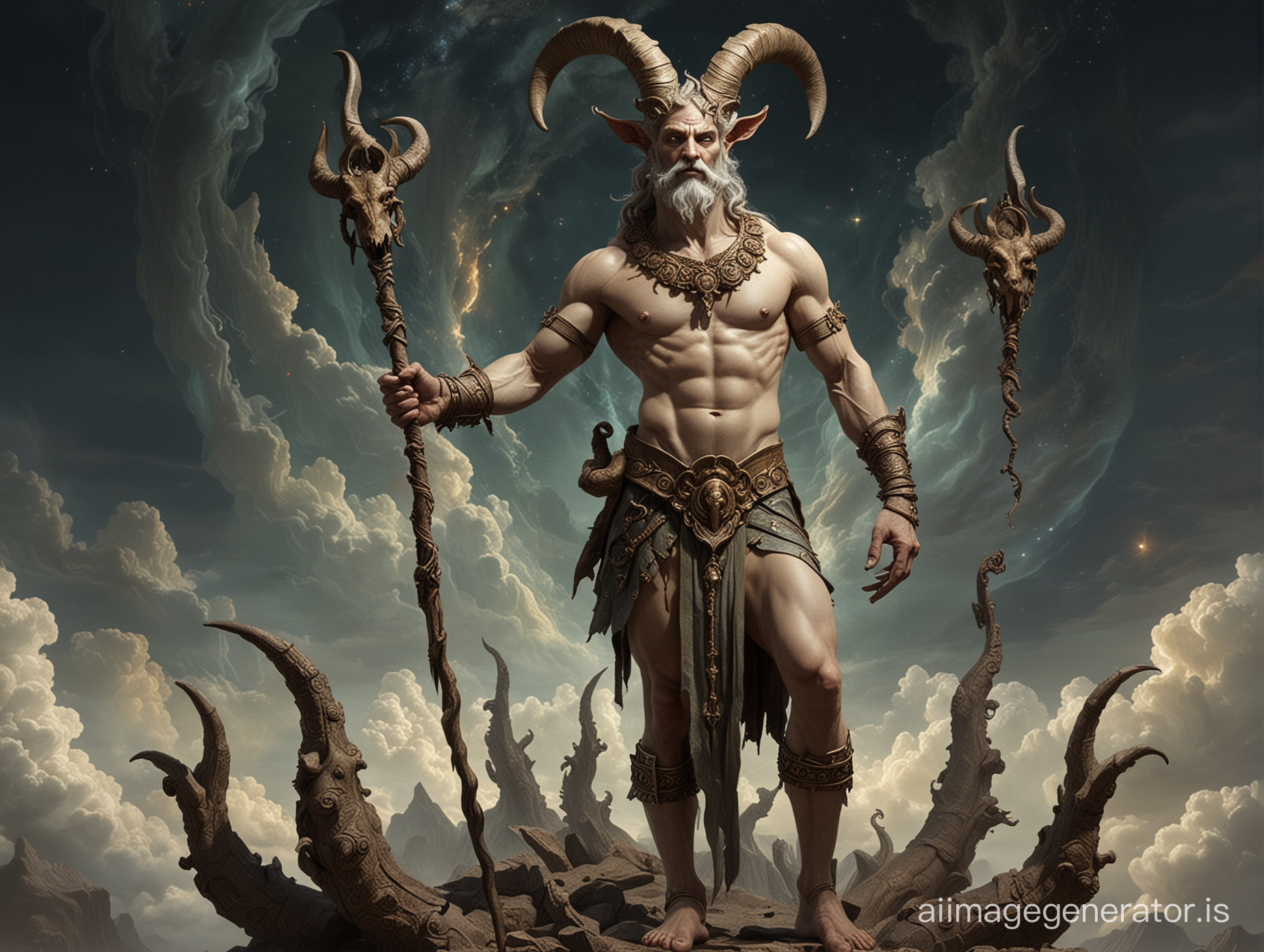 the great god Pan, ancient god cosmic horror, two horns in head, renaissance style, full body, man with a goat's horns, ears, legs, and tai
