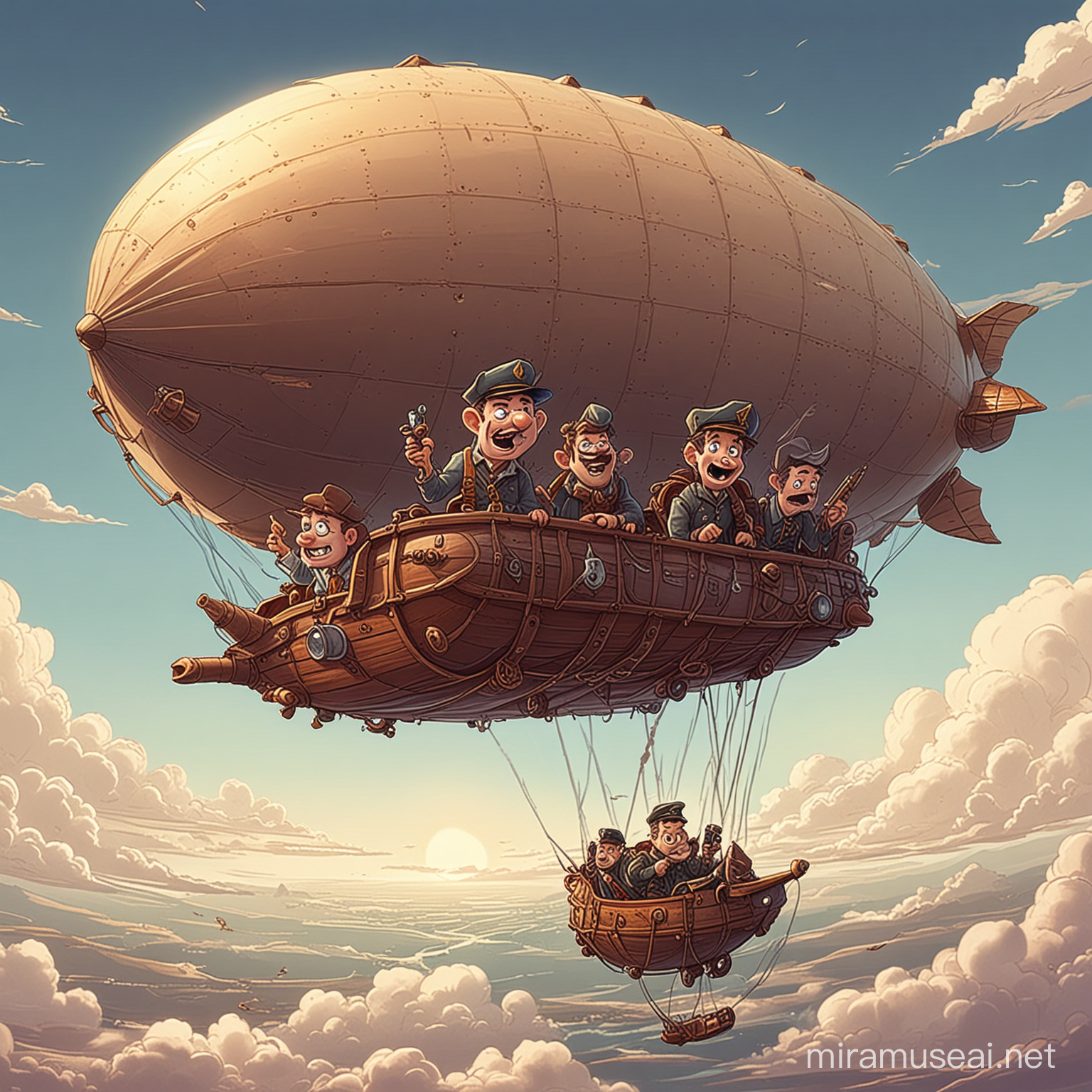 Two guys drunk driving an airship, in cartoon style