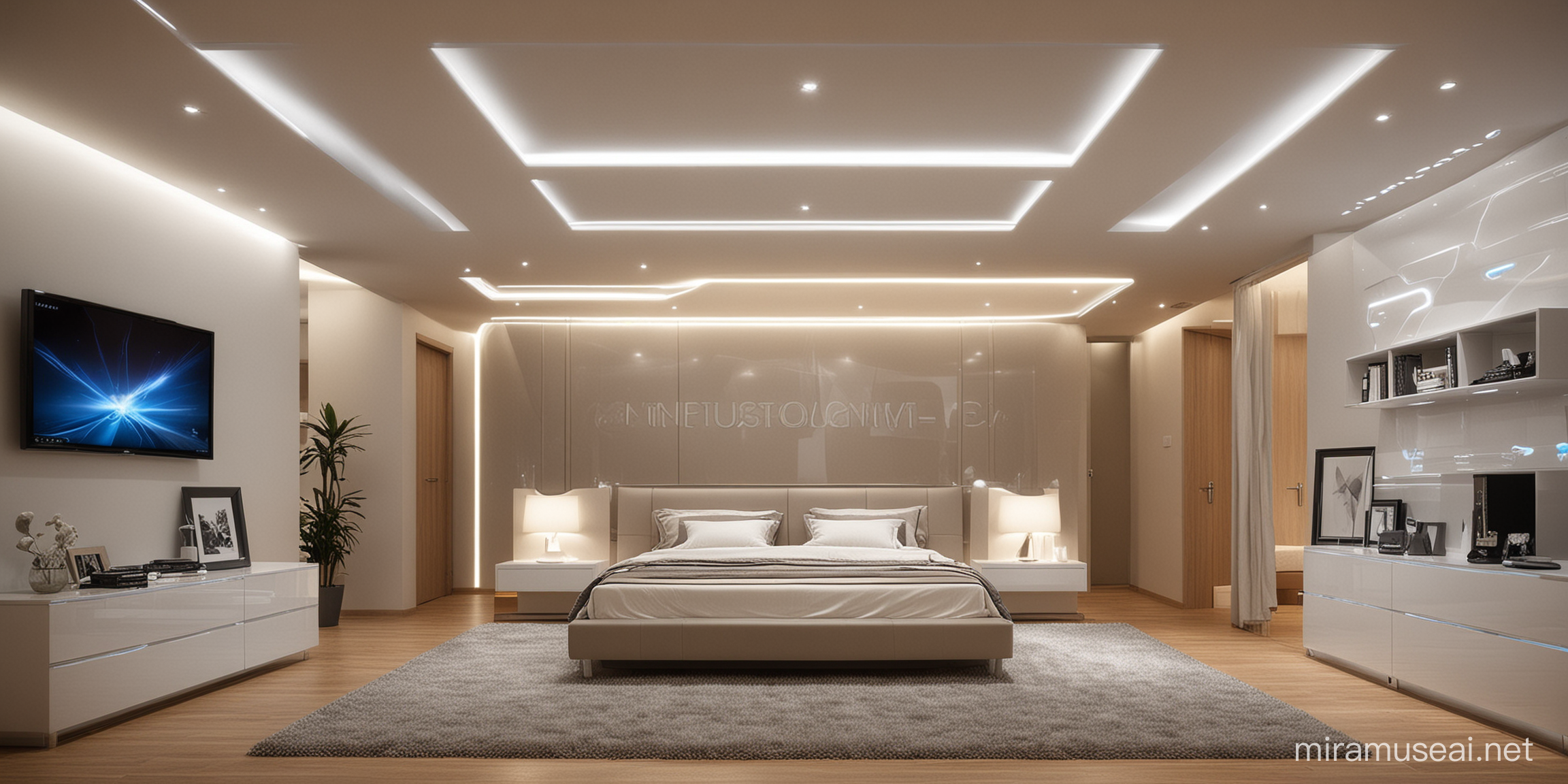 Interious , futuristic style , bedroom , led celling light

