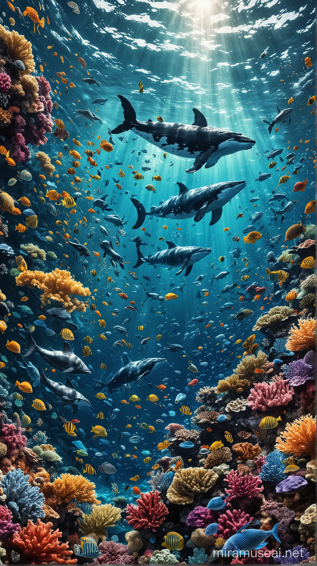 A dynamic collage showcasing the diverse marine life of the ocean, from colorful tropical fish to majestic whales, creating a mesmerizing visual feast for the eyes.