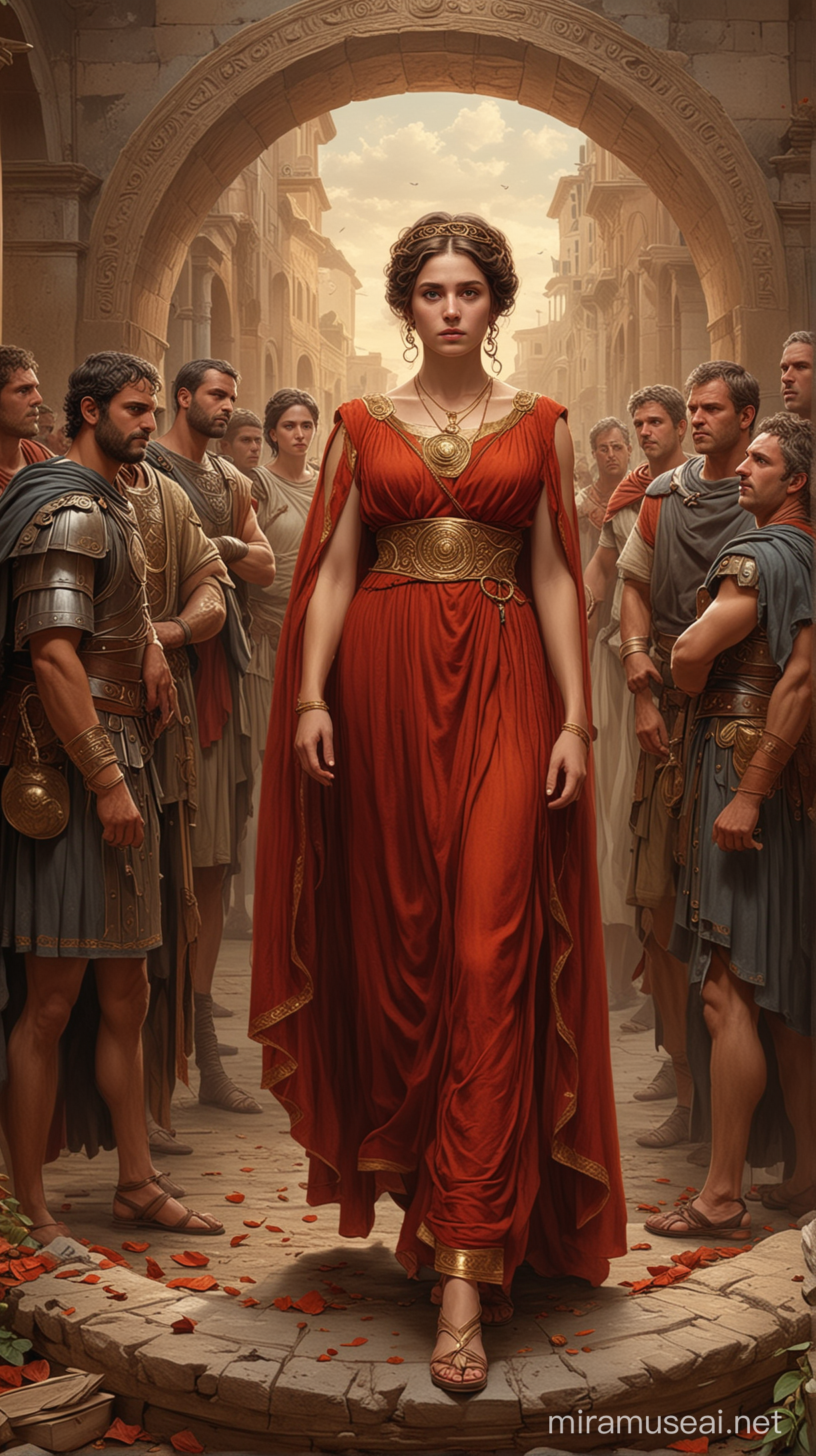 Illustrate a scene from ancient Rome featuring (((Julia))), a young woman clad in regal garb, surrounded by a circle of (((influential men))) who share a complex, intricate relationship in a moody background