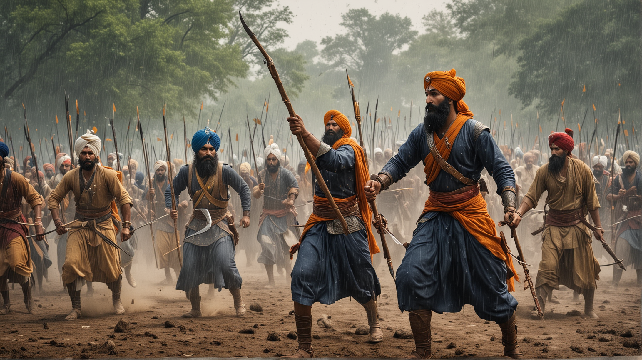 Sikh Warriors Raining Arrows on Approaching Army in Historic Indian Battle Scene