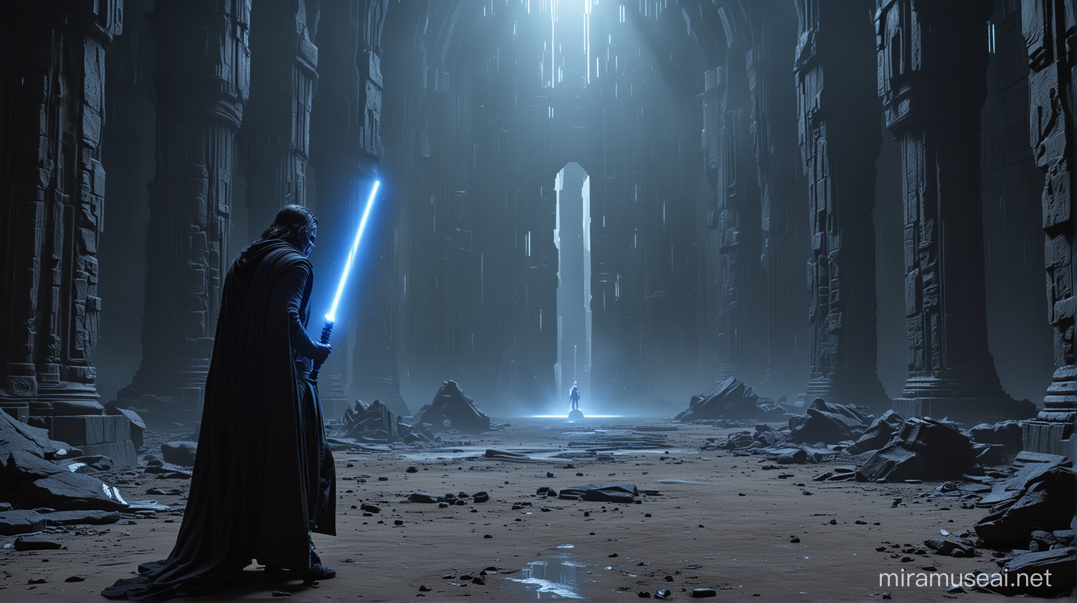 Dark Jedi Searching for Knowledge in Ruined Jedi Temple with Blue Lightsaber