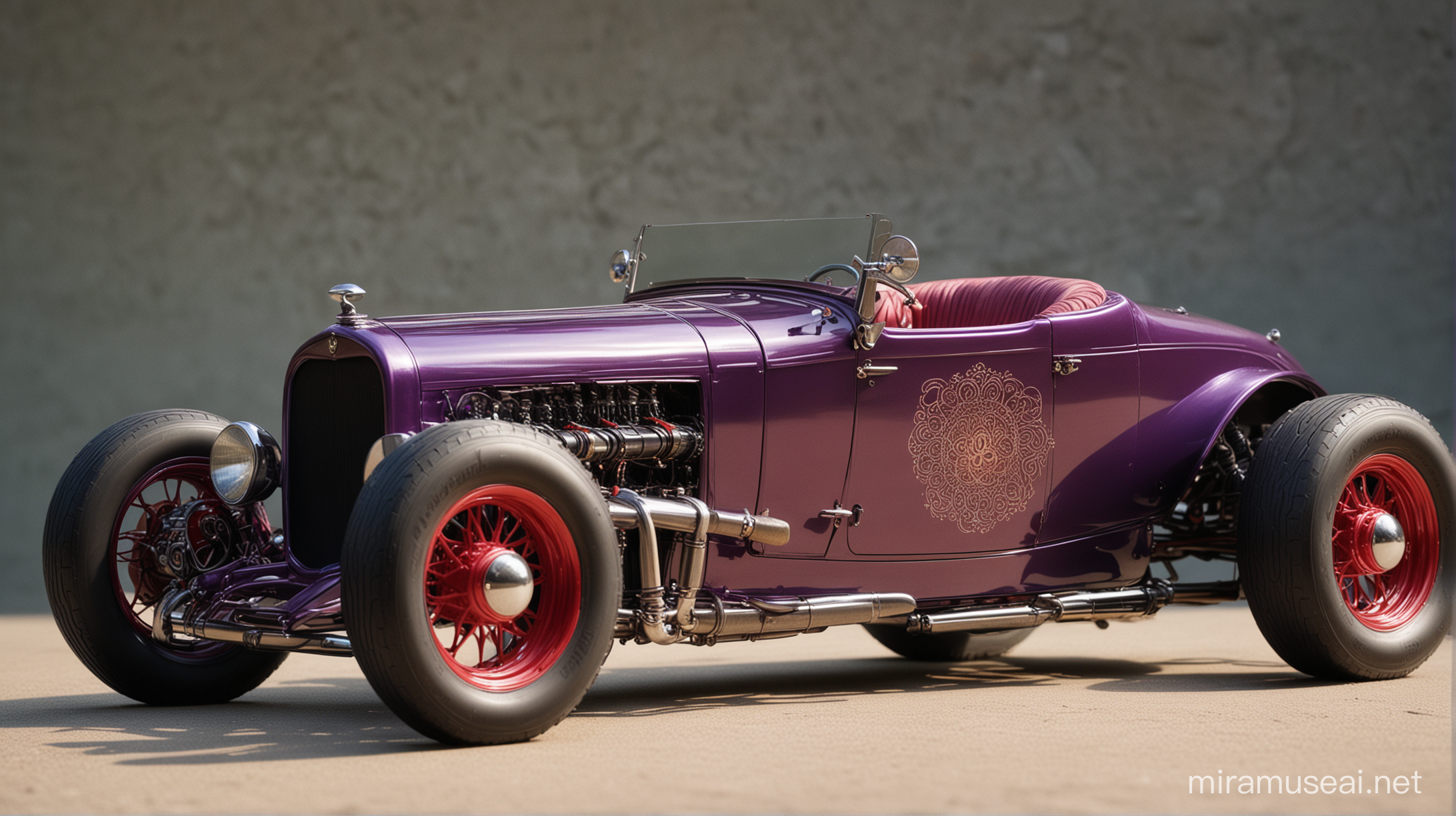 beautiful custom  1925. 3 - window coupe, with red to purple pearl paint, with fat rear slicks. A super - future, brutal hybrid - mechanical porcelain, love doll. She beauty exquisite. Wearing the most beautiful silk. . She is captured by the wide 35mm lens, creating a sense of depth. Art by Saturno Butto. In semi - transparent gouache. Taken with the Mamiya 6 x 4/5. wide 35 mm lens. 1 ISO. 4D exquisite octane render. photon - mapped shimmer. sacred dawn - light. exquisite loving motifs. created with the DP 2 Quattro