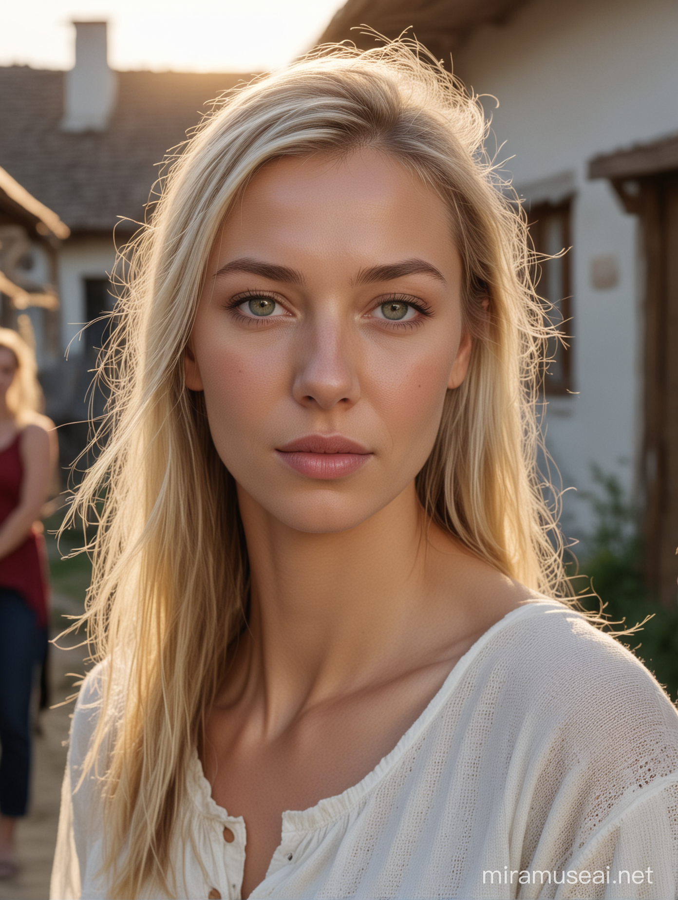 A 4K, real professionally done Hyperdetailed  photo of Europeans white caucasian people women living in a village, background Professional lighting, candid celebrity shots, uhd image, body extensions, natural beauty --ar 69:128 --s 750 --v 5. 2