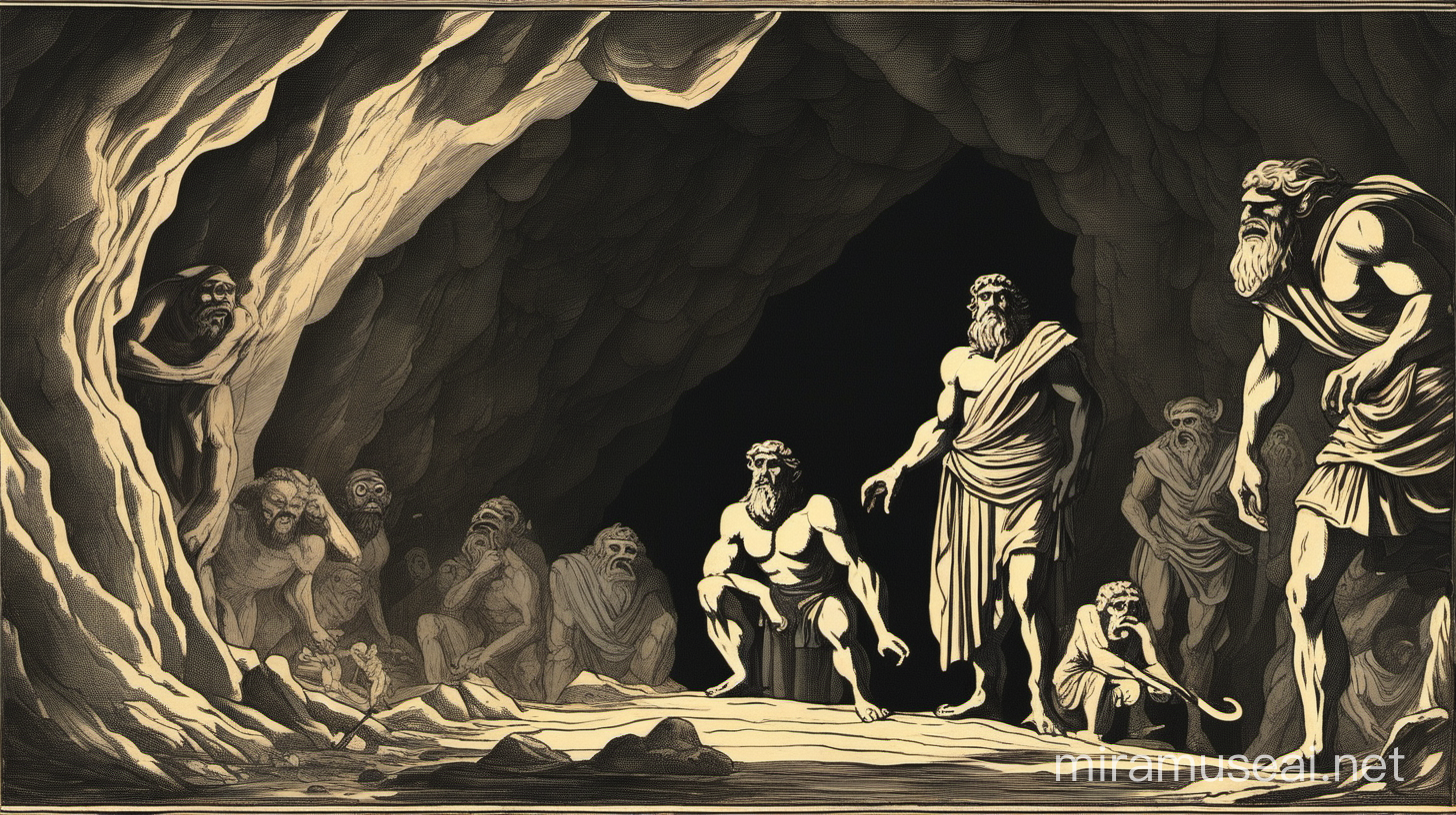 Odysseus and The Cyclops Monster in a cave, as in the Odyssey. Odysseus and his men are fully clothed with robes around their chest and legs, while the tall one eye giant monster is in the back. 