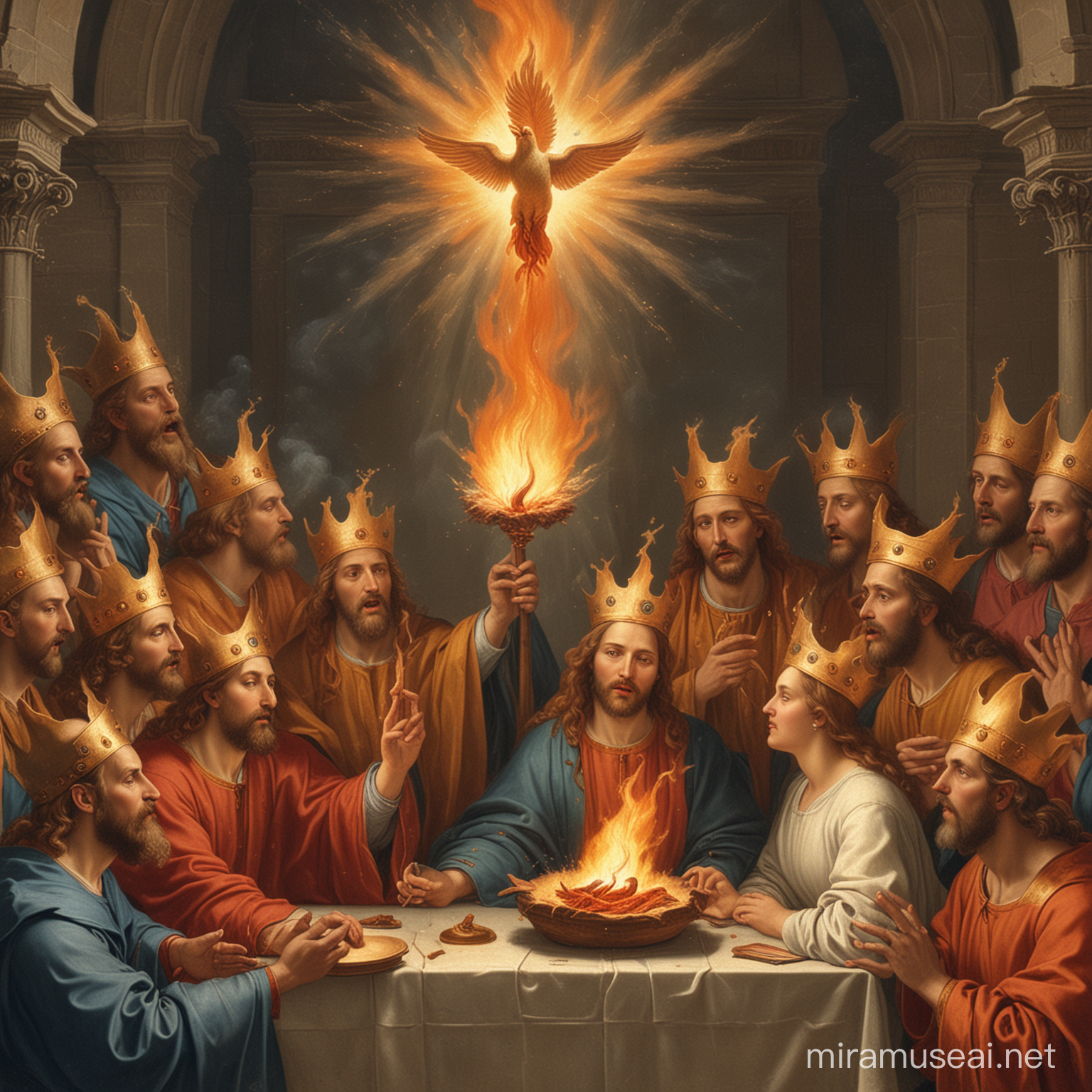 Pentecost in Reinassance era, single ember flame on top of their heads