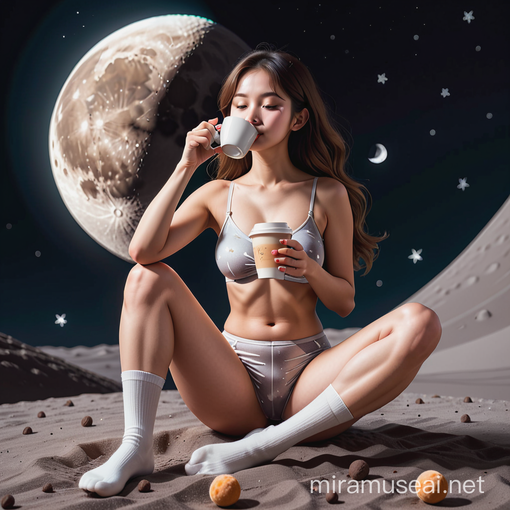 a girl sitting on a lunar moon, drinking coffee and twiddling her thighs