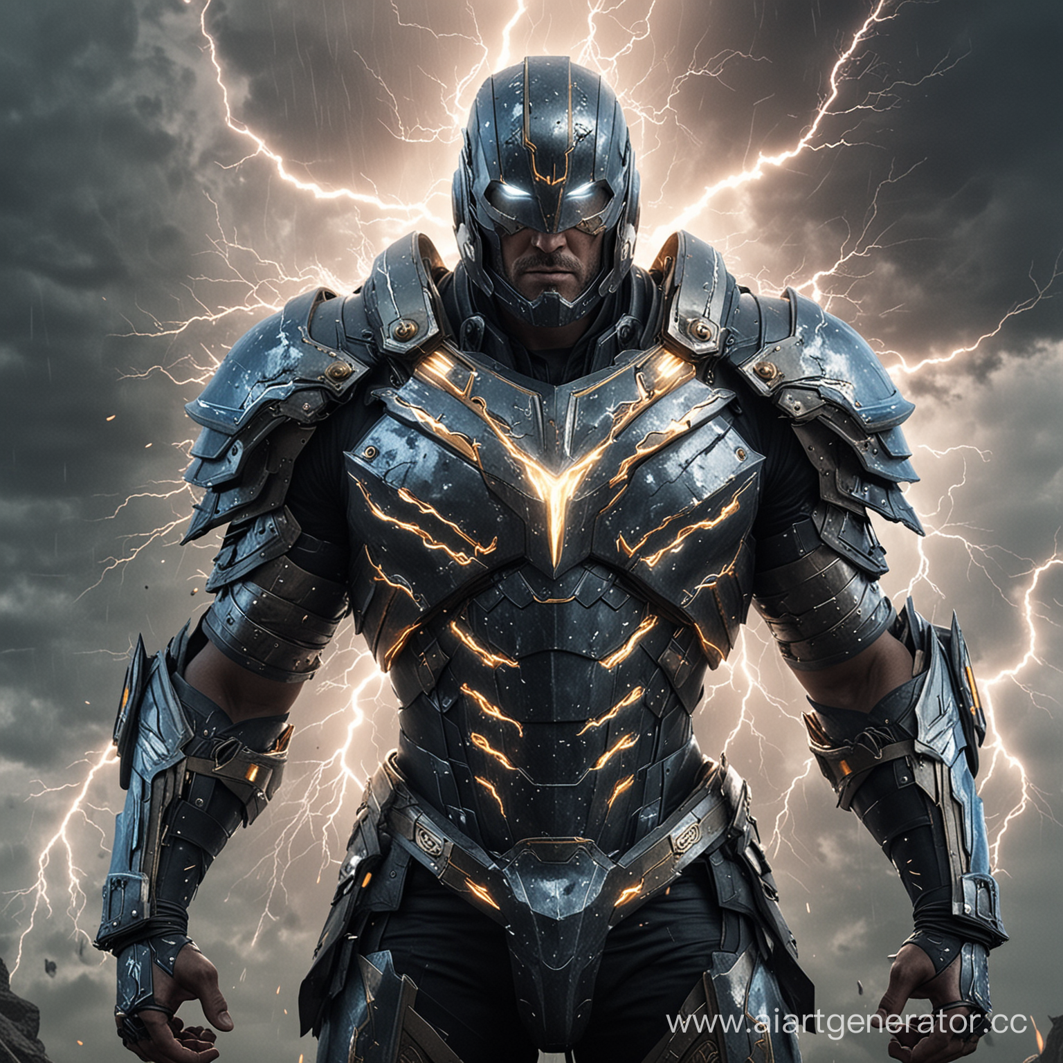 Thunder Titan: Commands the power of thunder and lightning, clad in armor adorned with stormcloud patterns, crackling with electricity,make a aesthetic costume and fill with cinematic thriller background 