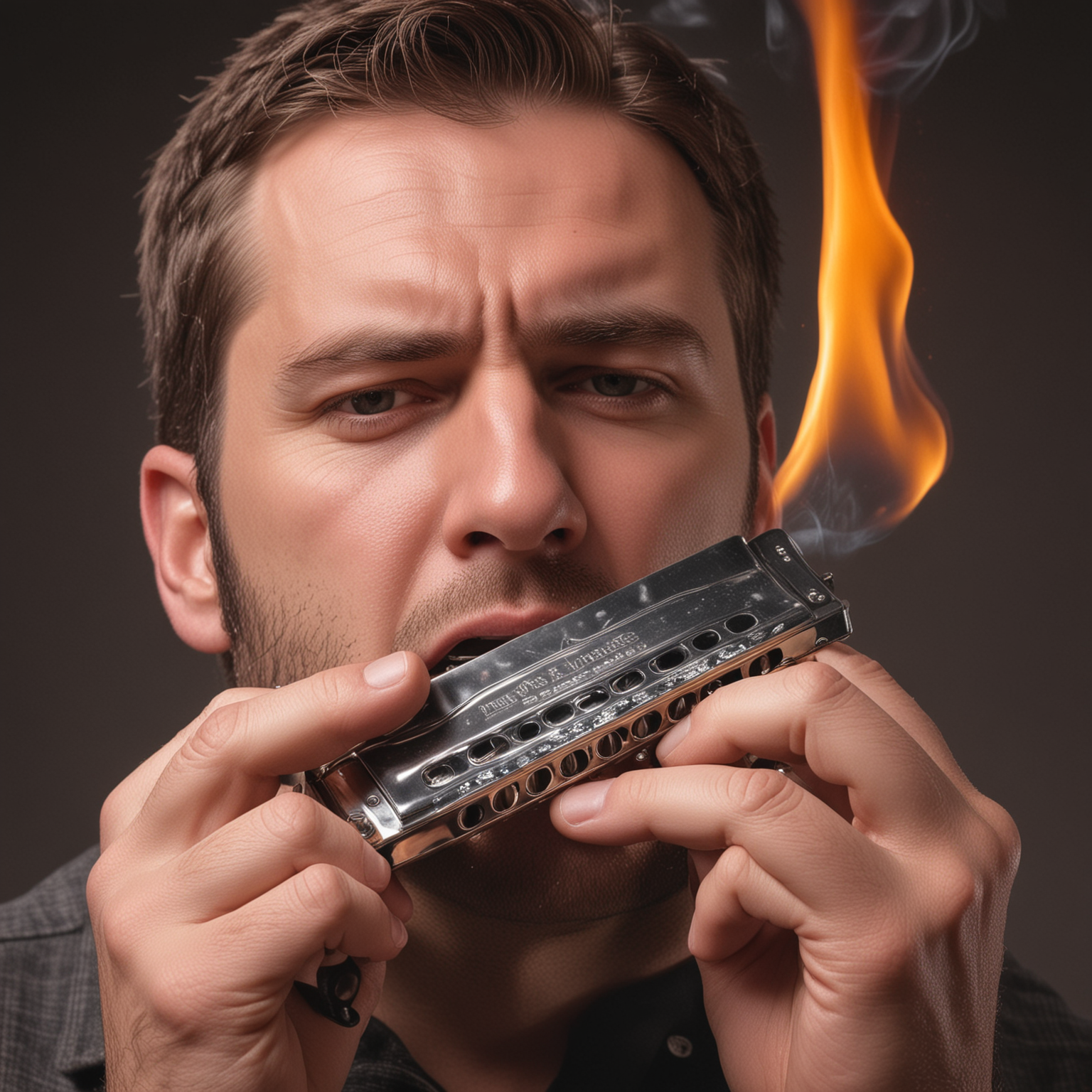 hand holding harmonica on fire next to his mouth