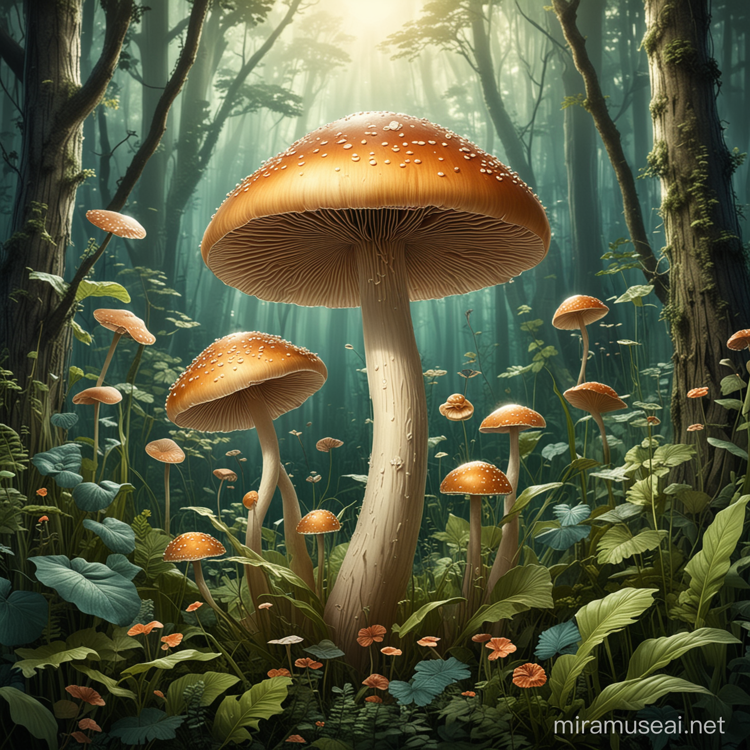je veux une illustration de champignon magique très harmonieux fin et élégant dans un décor de végétaux au style Art Déco