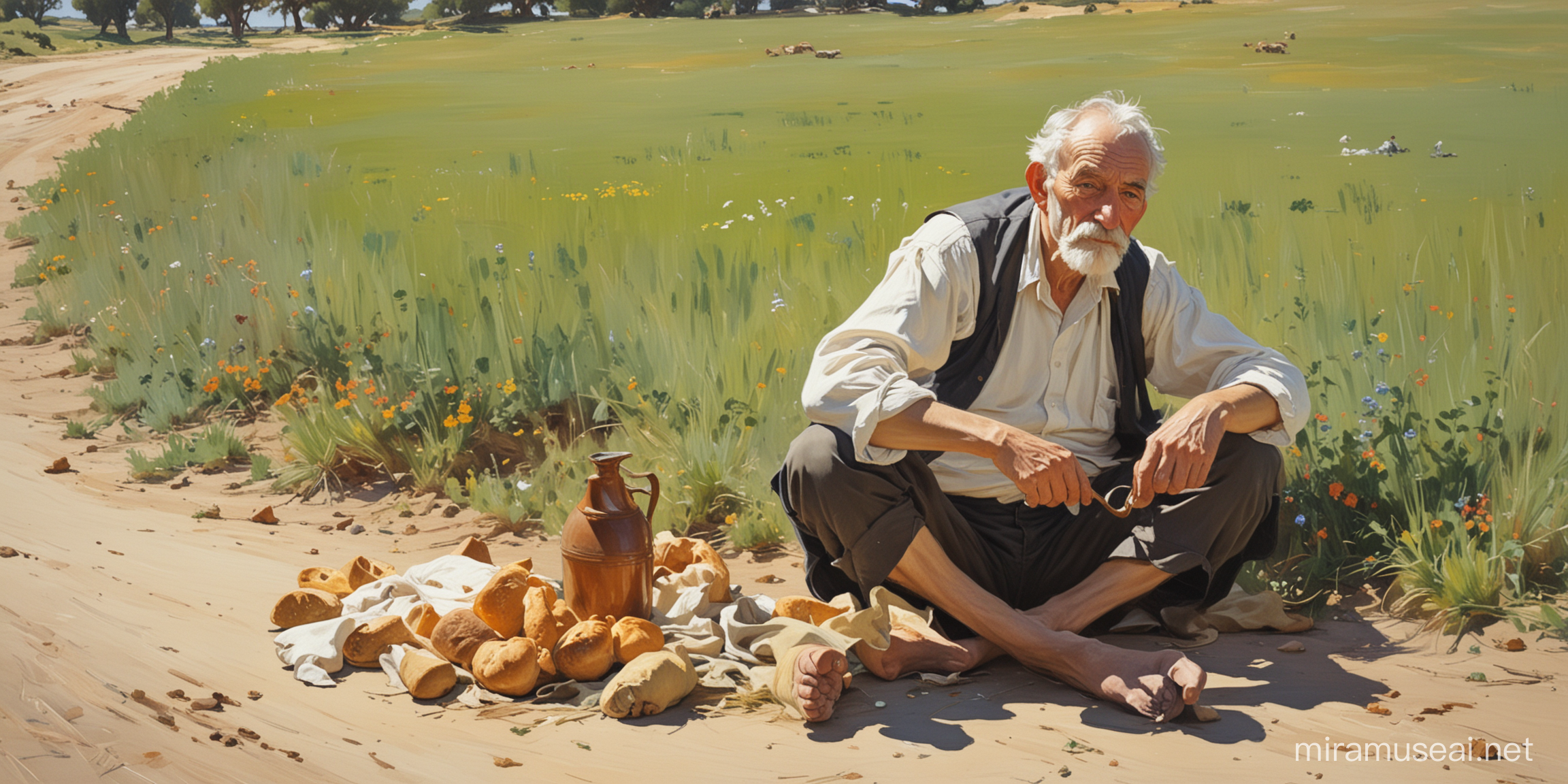 картина в стиле Хоакин Соролья,  старик ивнук , у дороге на траве, в поле, сидят, устали,в руках хлеб и крушка с водой, босой бадинки рядом,в дали стадо коров,