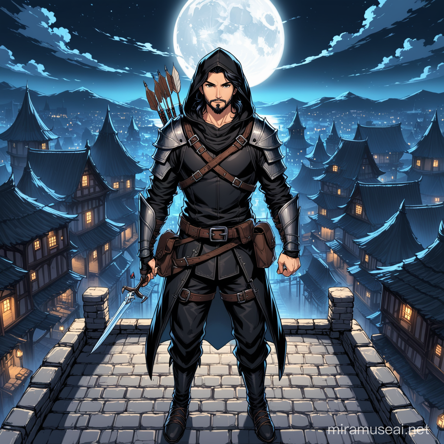 Character design, fantasy rpg rouge, young man, stubble, medium length black hair, wavy hair, wearing black hood and ninja face mask, black and grey rpg style lightweight leather armour, holding bow in left hand, holding dagger in right hand, arrow quiver at back, black leather belt with pouches and potion vials, Character design, fantasy rpg rouge, young man, stubble, medium length black hair, wavy hair, wearing hood, black and grey rpg style lightweight leather armour, holding bow in left hand, holding dagger in right hand, arrow quiver at back, black leather belt with pouches and potion vials, view from front, dark night fantasy town rooftop background, moonlight, shadow, crouched down, side profile looking at the town from above, view from front, dark night fantasy town rooftop background, moonlight, shadows