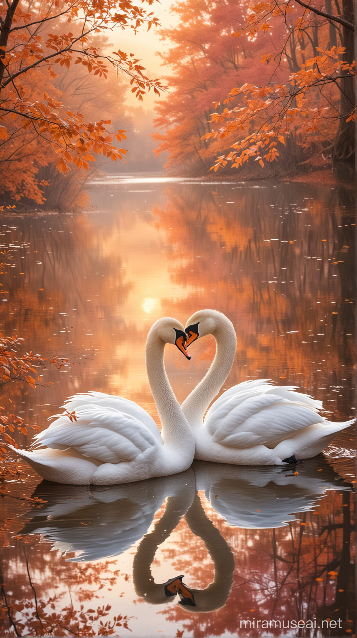 Two elegant swans touching beaks tenderly on a serene lake at sunset, with reflections of pastel-colored skies in the water, surrounded by gently falling autumn leaves.