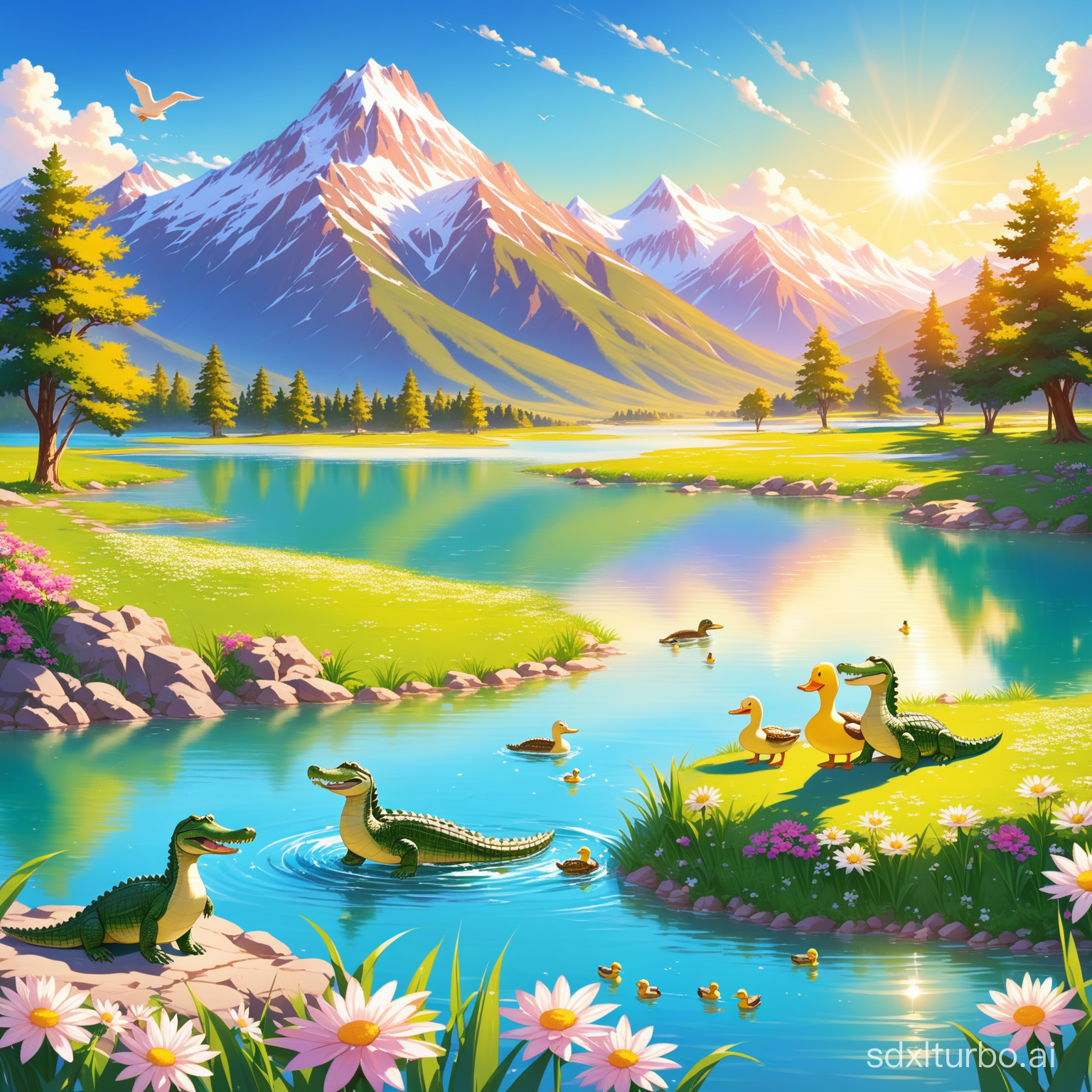 ｓｏｍｅcrocodileｓ，　ｌａｋｅ，　ｍｏｕｎｔａｉｎ，　ｃｒｅｅｋ，　ｄｕｃｋｓ，　ｆｌｏｗｅｒｓ，　ｓｕｎｓｈｉｎｅ