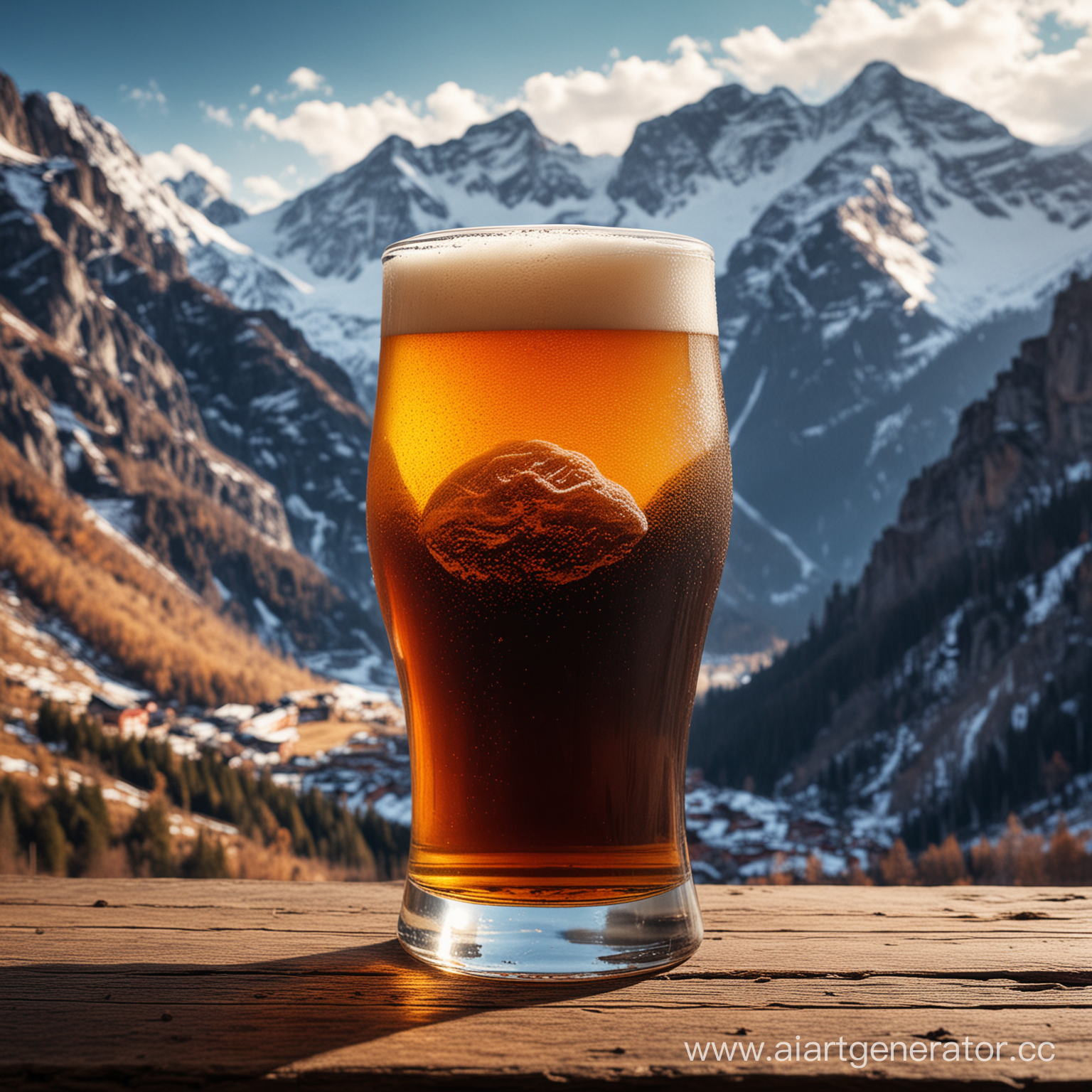 создай изображение темное холодное пиво в стакане на фоне гор 