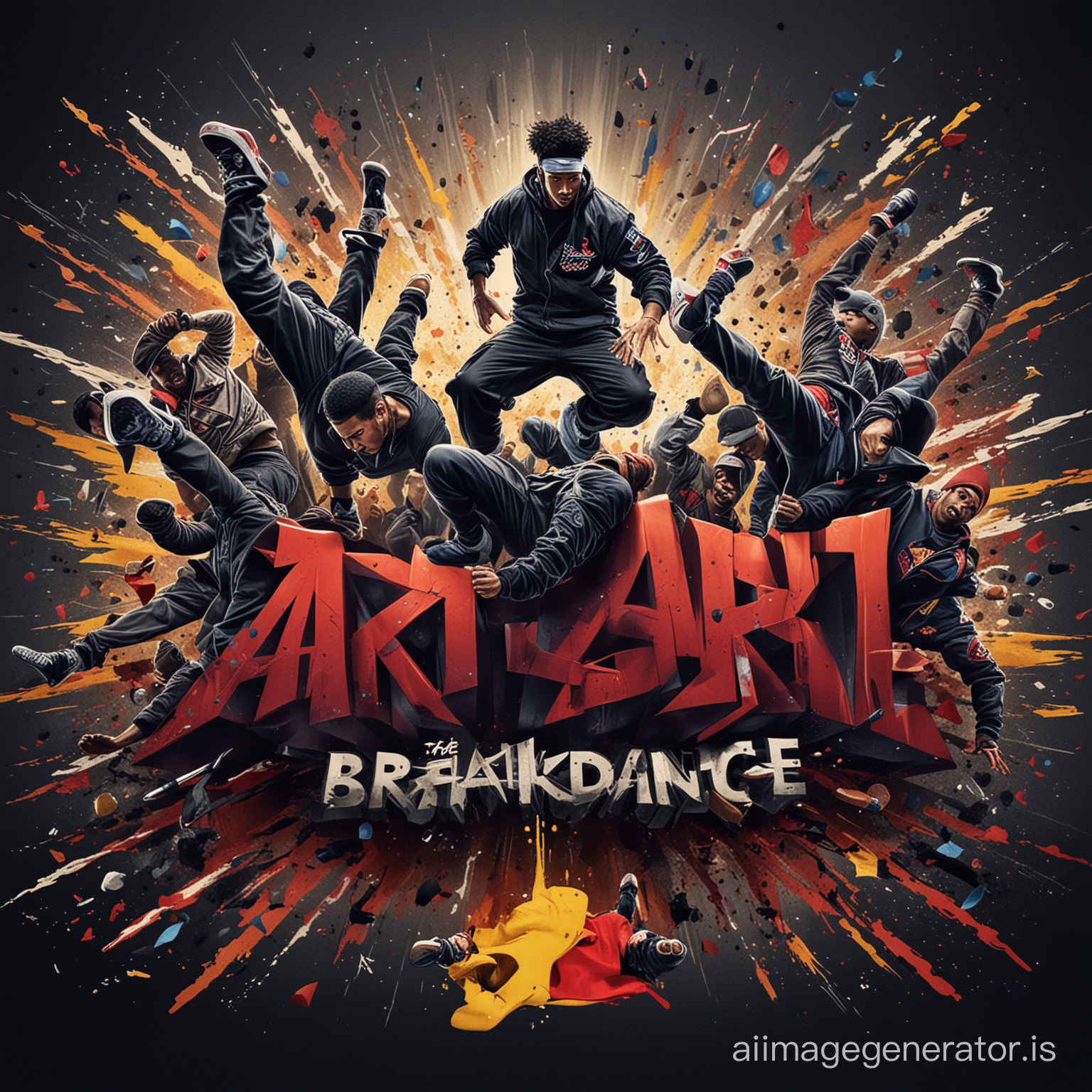  A striking movie poster for "The Art of BREAKDANCE" features a diverse group of REDBULL BC ONE icons, each holding a unique work of art that symbolizes their respective movements and struggles. The background is an energetic and bold black gredient, with a mix of abstract and realistic art styles. The overall atmosphere of the poster is inspiring and empowering, as it celebrates the power of art and creativity in the face of adversity.