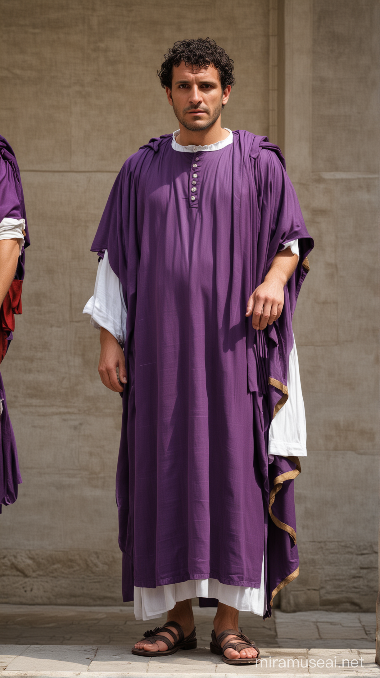 Show a Roman official or magistrate issuing a decree against the wearing of purple clothing by commoners.