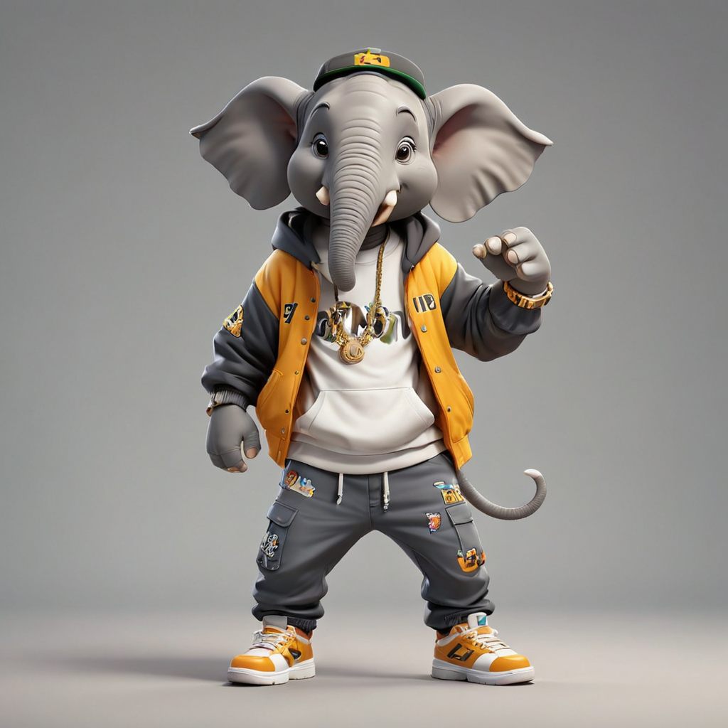 an elephant in cartoon style in full body with Hip hop clothes with clear background