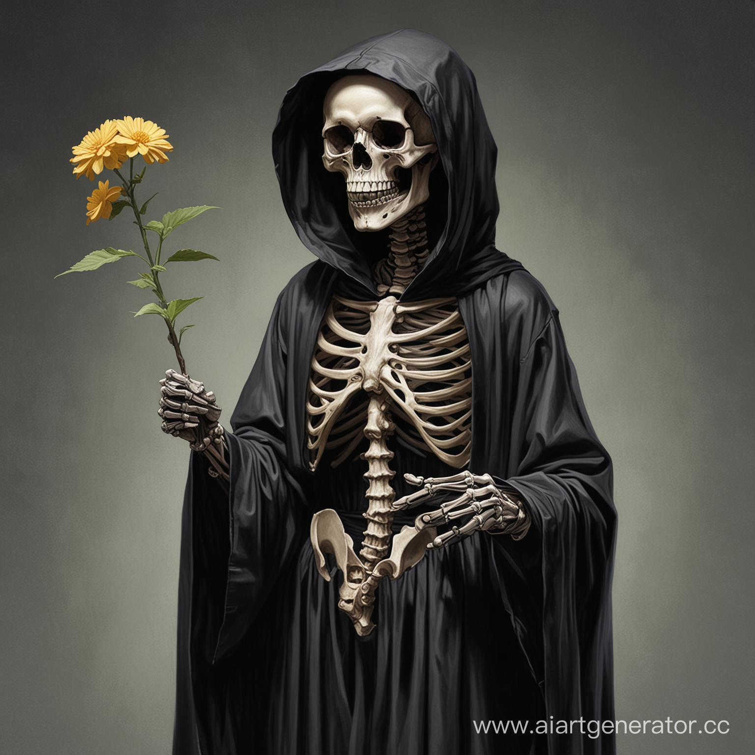 Нарисуй, до пояса, полубоком, скелета в чёрном балахоне с капюшоном на голове, держащий двумя руками цветок ликорис.