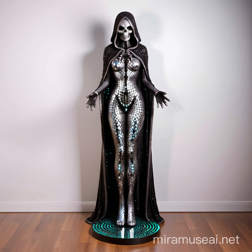 free-standing 60 inch height halloween necromancer sculpture，with mirror tile mosaic finish for whole surface