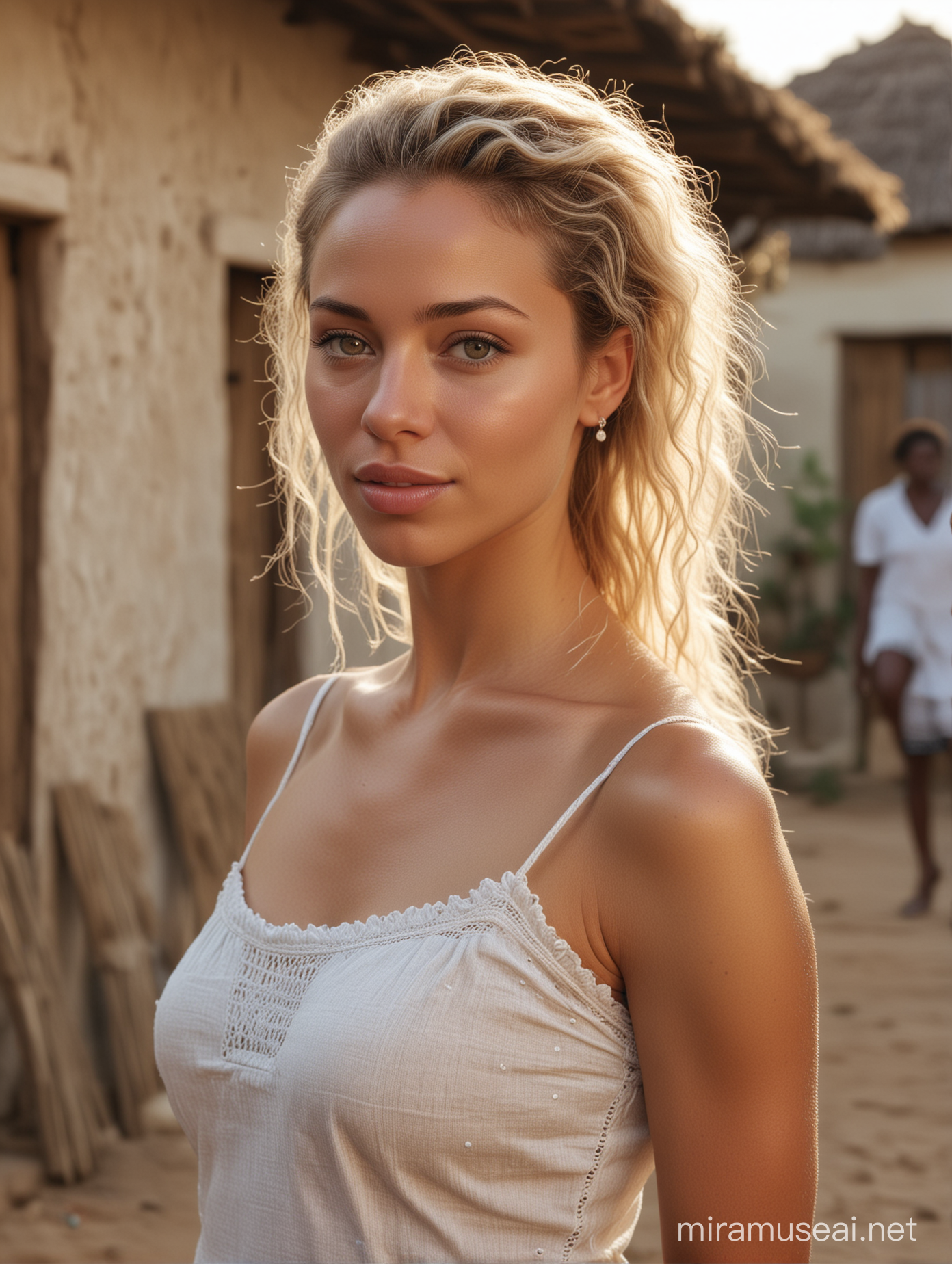 A 4K, real professionally done Hyperdetailed  photo of Europeans white caucasian people woman posing whith a  very beautiful african lightskin woman  living in a village, background Professional lighting, candid celebrity shots, uhd image, body extensions, natural beauty --ar 69:128 --s 750 --v 5. 2