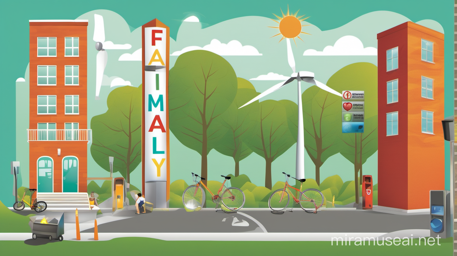 Design a 2D vector mural for a community space that incorporates the following elements:

The word "Family" prominently displayed in a warm and inviting font, symbolizing the importance of family bonds and unity within the community.
Illustrations of a car and a bike, representing different modes of transportation available within the community.
An EV charging station depicted with a modern electric vehicle plugged in, showcasing the community's commitment to sustainable transportation.
Images of garbage bins and recycling bins, encouraging residents to properly dispose of waste and recycle materials.
A bright sun shining overhead, symbolizing energy and vitality.
Depictions of water sources such as rivers or streams, highlighting the importance of water conservation and access to clean water.
Icons representing fire safety equipment such as fire extinguishers and fire alarms, promoting awareness of fire safety measures within the community.
Images related to health and wellness, such as fruits and vegetables, exercise equipment, and a heart symbol, emphasizing the importance of maintaining a healthy lifestyle.
Symbols of green energy sources such as wind turbines and solar panels, showcasing the community's commitment to renewable energy.
Graphics of stairs and a lift, indicating accessibility features within the community and promoting inclusivity for residents of all abilities.