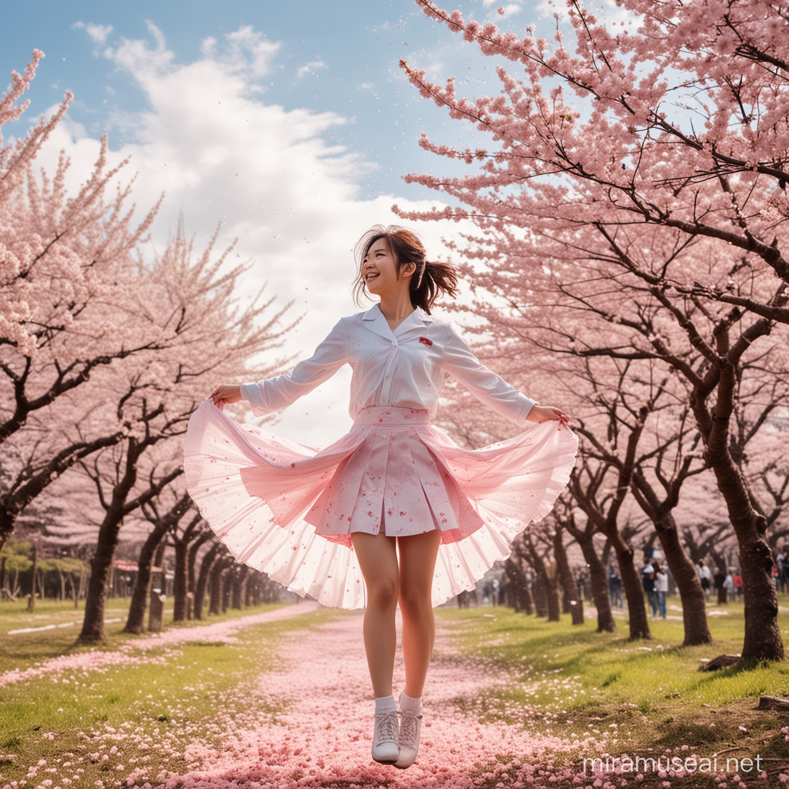 
18 years old, Japanese high school girl lifting her skirt and flying in the sky, spraying pink powder from inside her skirt, row of cherry blossom trees, smiling