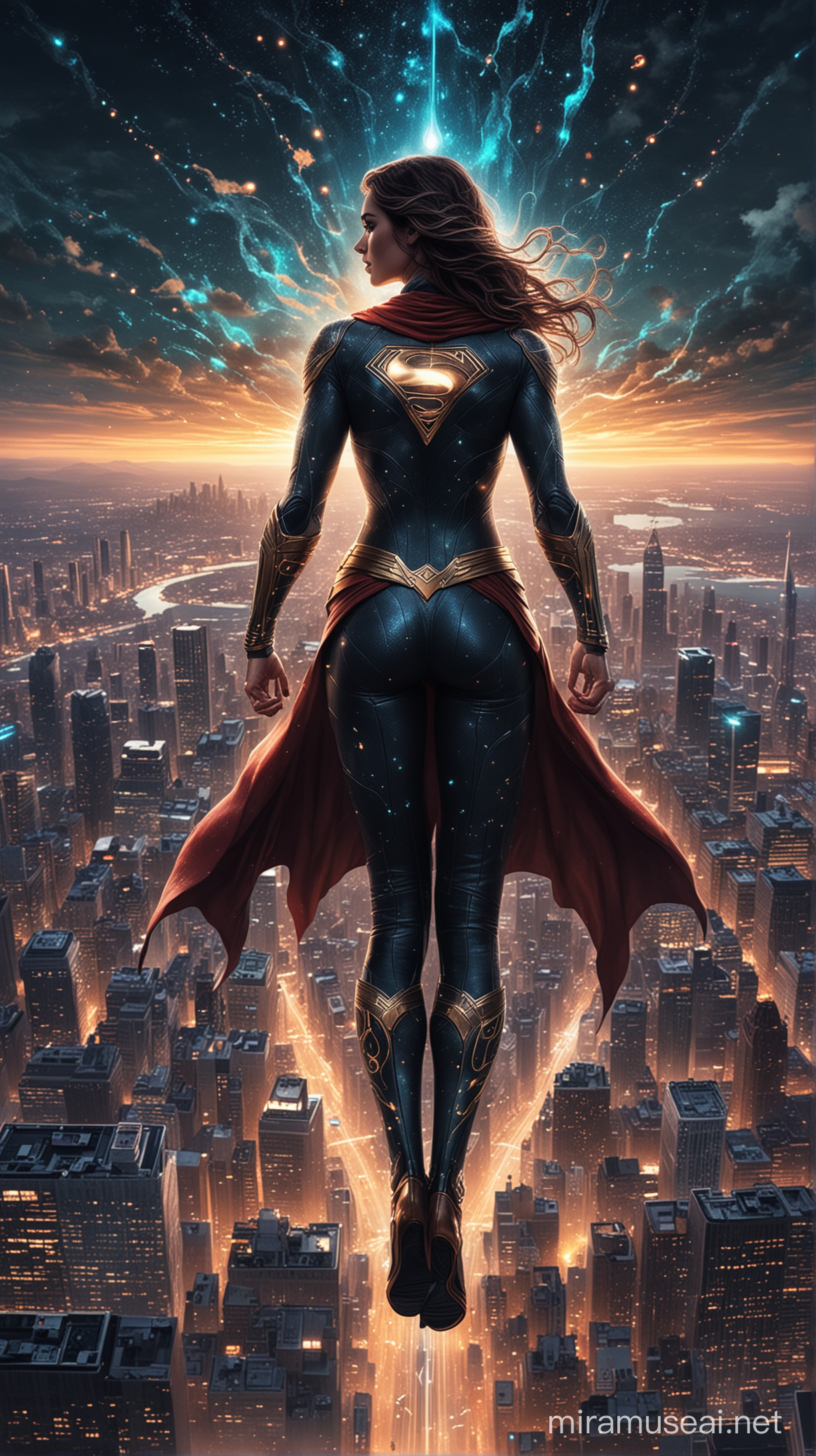 A mystical superhero stands atop a skyscraper, overlooking a city. Ethereal lights swirl around them, and their eyes glow with cosmic energy. The night sky is alive with constellations that mirror the superhero's luminous tattoos.