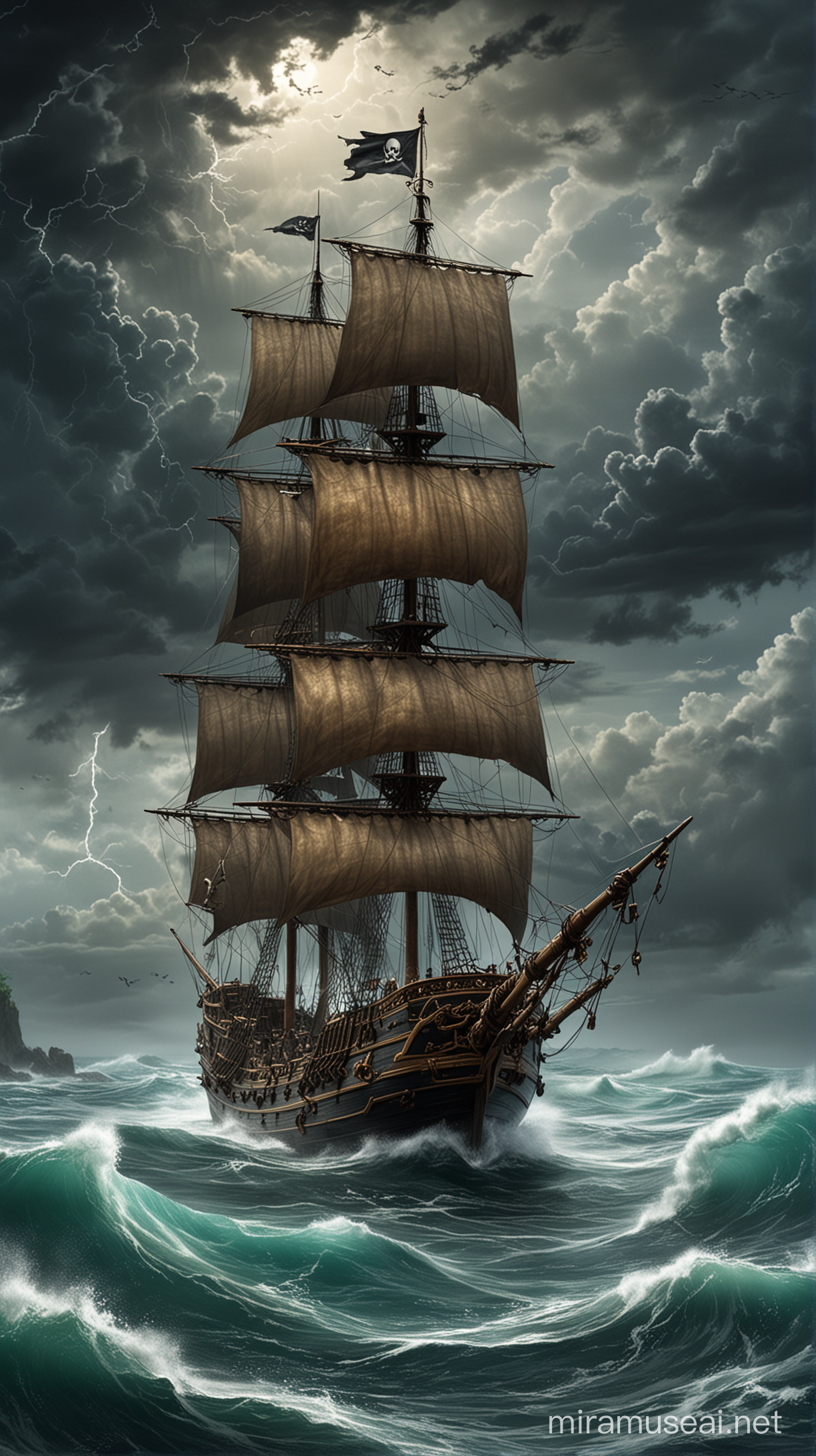 Cheng I Saos Pirate Ship Sailing Amidst Stormy Caribbean Seas