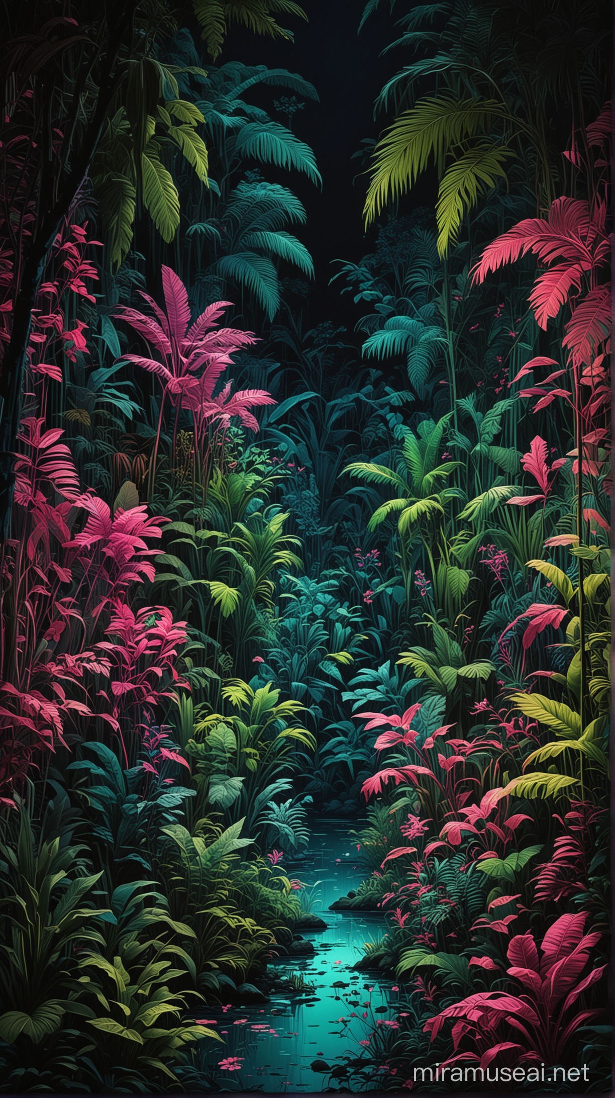 A dense jungle under the cover of night, illuminated only by vibrant neon lights in shades of green, pink, and blue that outline the silhouettes of exotic plants and animals.