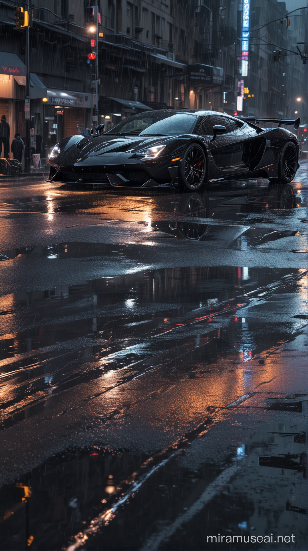 A sleek, black supercar speeding down a rain-soaked city street at night, with reflections of neon lights on its polished surface and the wet road, creating a sense of speed and urban elegance.