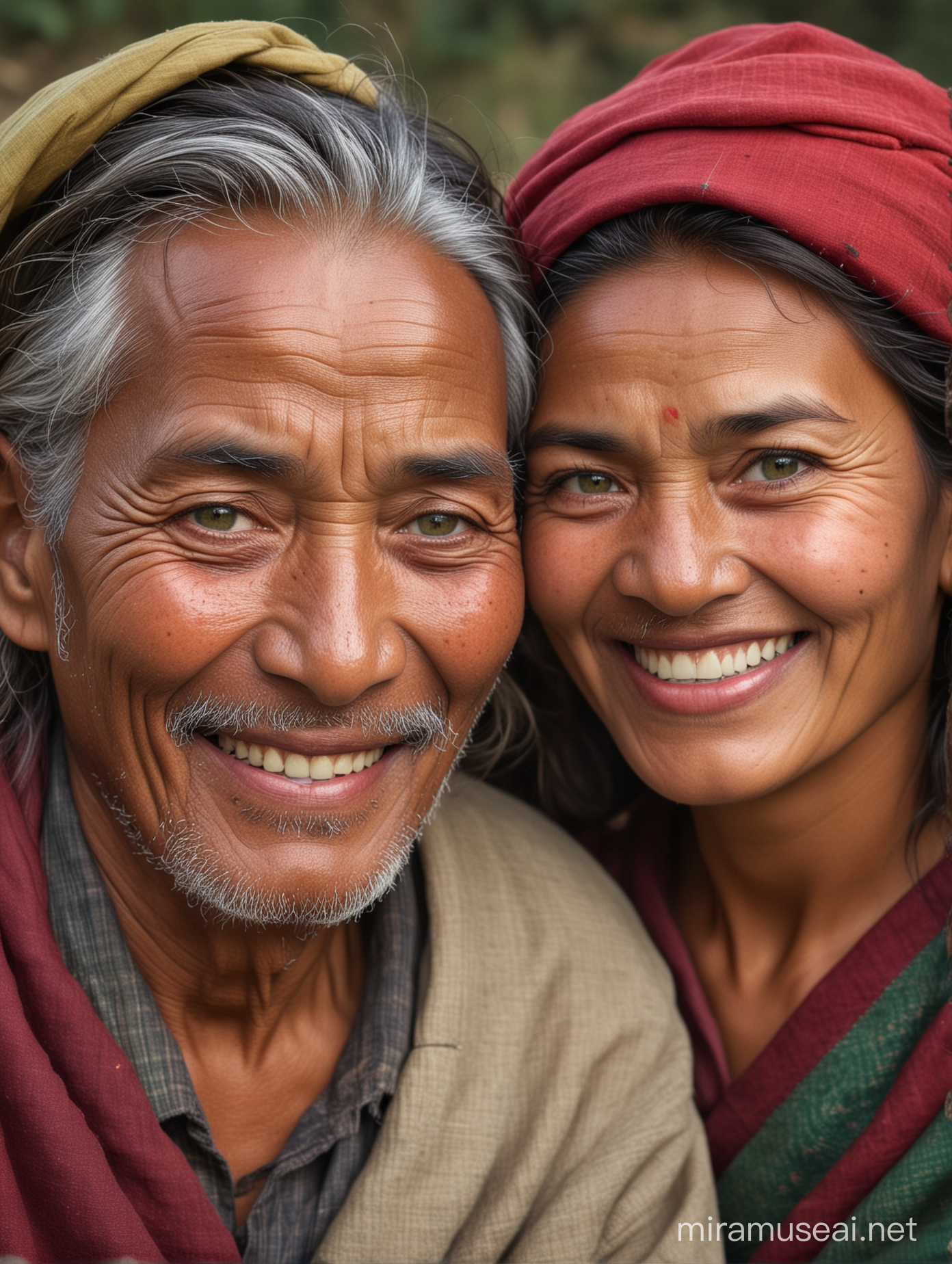 Nepali Grandparents in Traditional Attire Smiling with Natural Beauty
