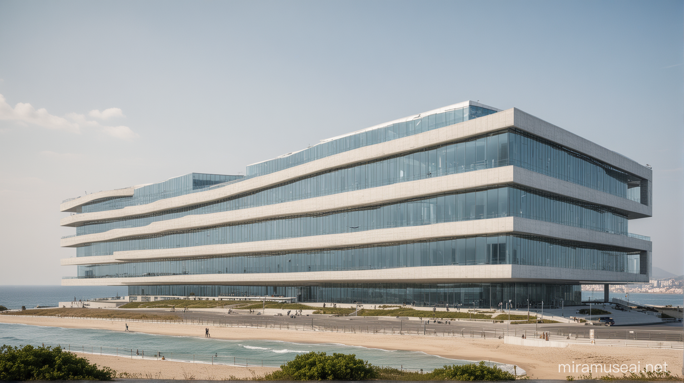 Bâtiment architectural moderne pour bureaux d'une organisation internationale au bord de la mer