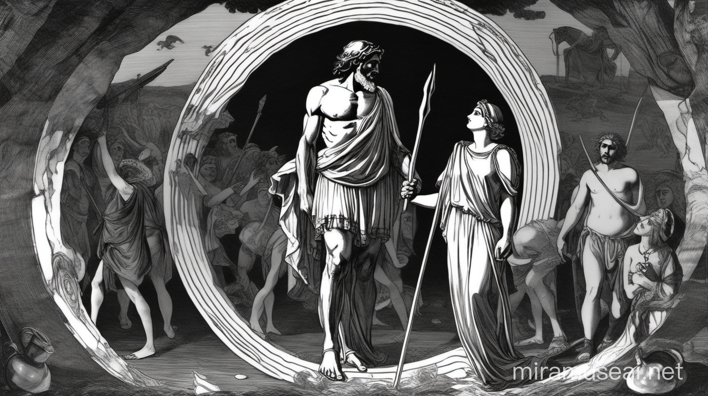 Odysseus in the witch circle with Circe, as in the Odyssey. black and white