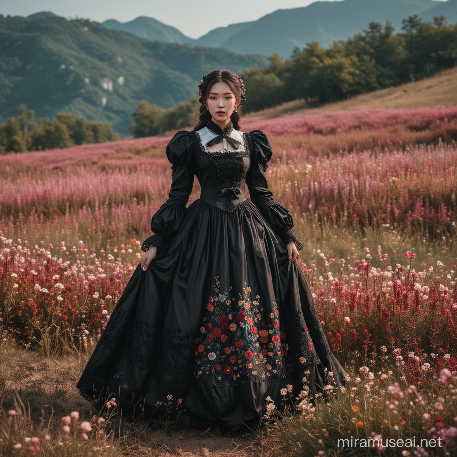 a woman in dress, standing in a mountain top flower field, dark historical baroque dress, gothic lolita dress, historical baroque dress, black victorian dress, gothic dress, gothic lolita fashion, medieval dress., ornate colored fancy dress,, korean hanbok, dress romantic, baroque dresses, rich deep colors gothic