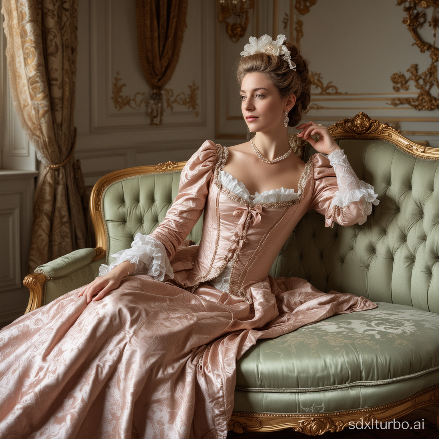 A fully dressed French aristocrat woman from the 18th century sitting on a luxurious rococo couch in a luxurious rococo boudoir
