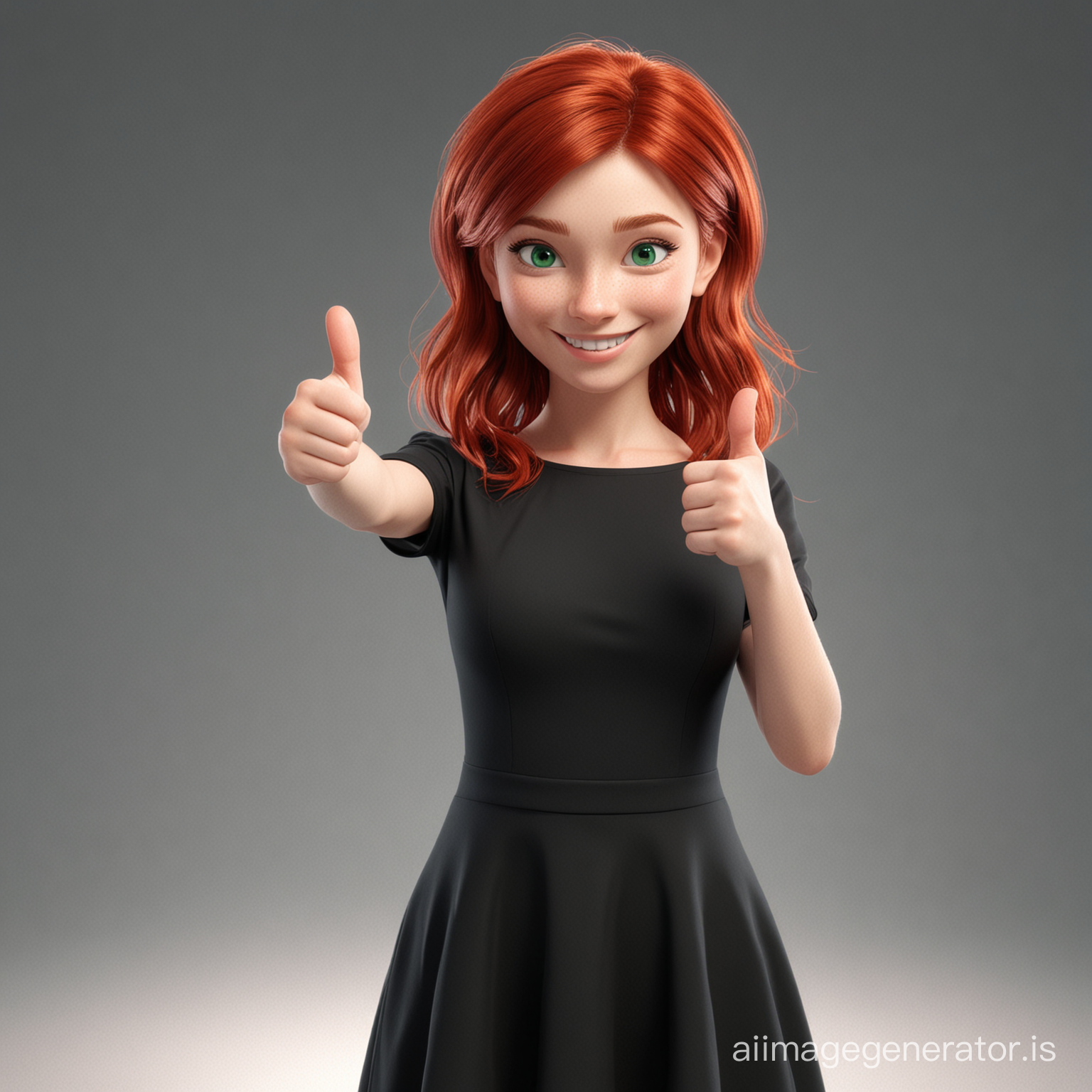 Adult girl with red hair and green eyes is very cute, wearing a black dress, showing thumbs up and smiling, 3D rendering, magical atmosphere