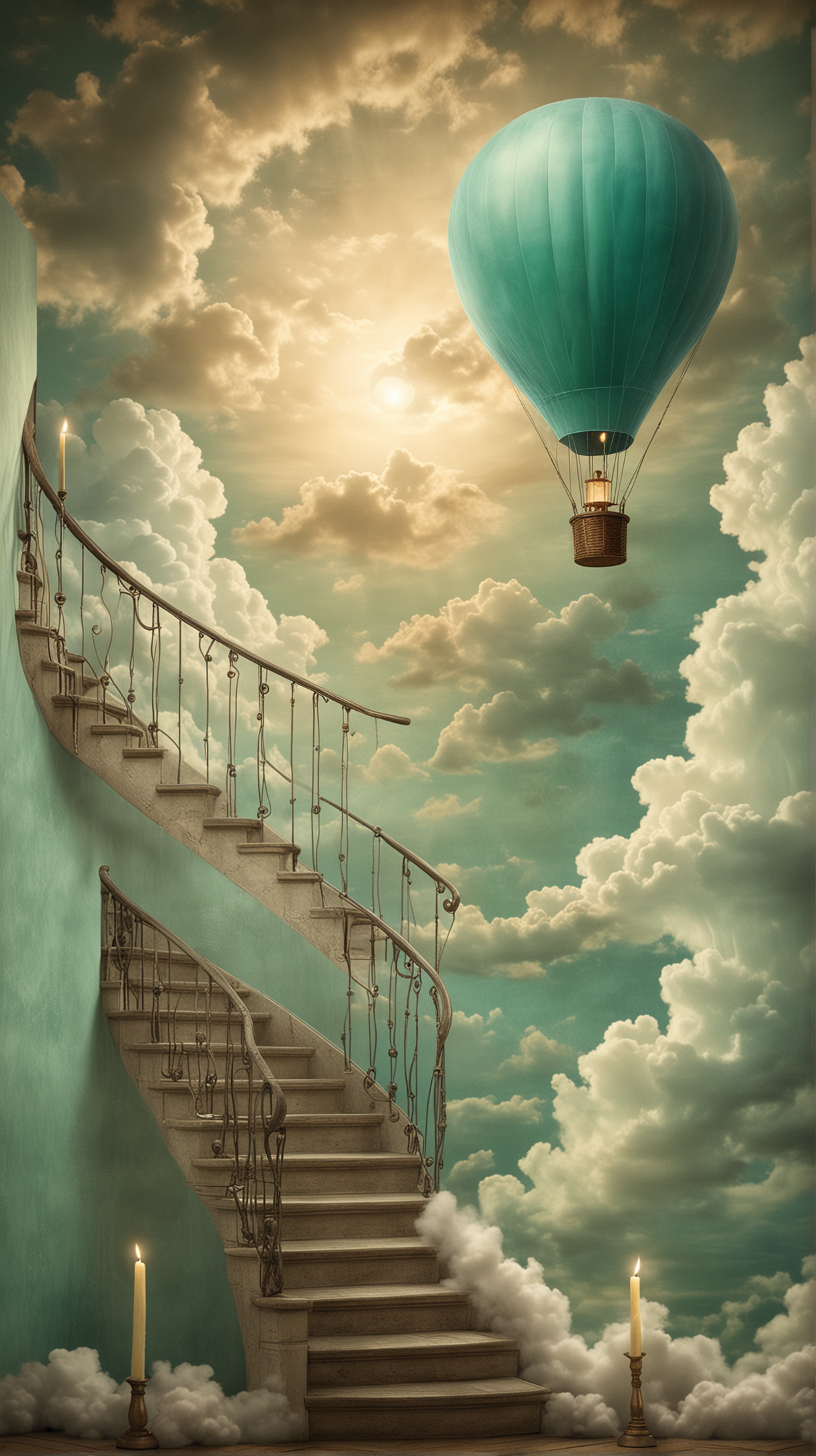 In the style of Christian Schloe, staircase lit by candles with clouds and a turquoise hot air balloon