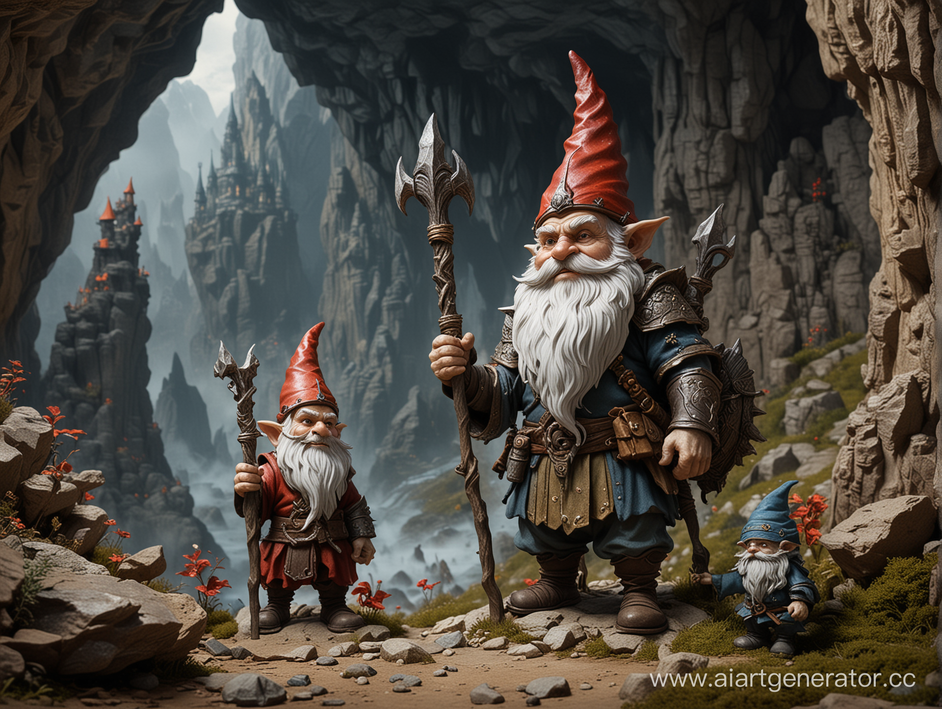 в пещере горного короля пер гюнт маленьких 
гнома стоят рядом с высоким демоном у которого в руках посох
