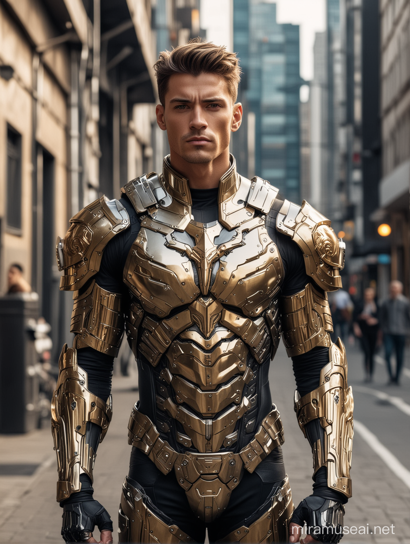 Tall and handsome muscular men with beautiful hairstyle with attractive eyes and Big wide shoulder and chest in sci-fi High Tech golden, silver and black armour suit standing with firearms walking on street 