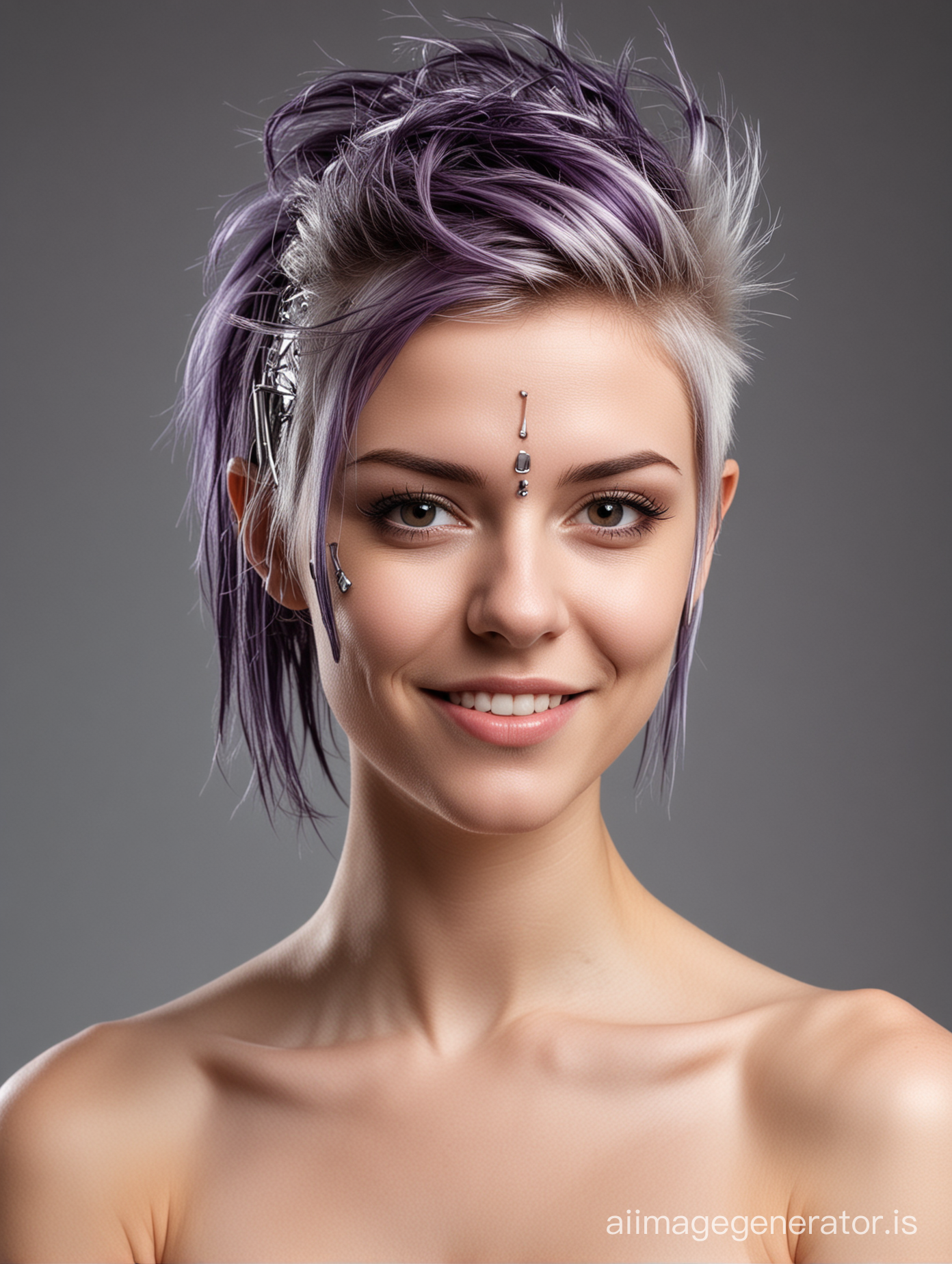 studio photoshoot of a naked shy young woman, cyber implants, facial cyber implants, sci fi, punk hair, sweet smile
