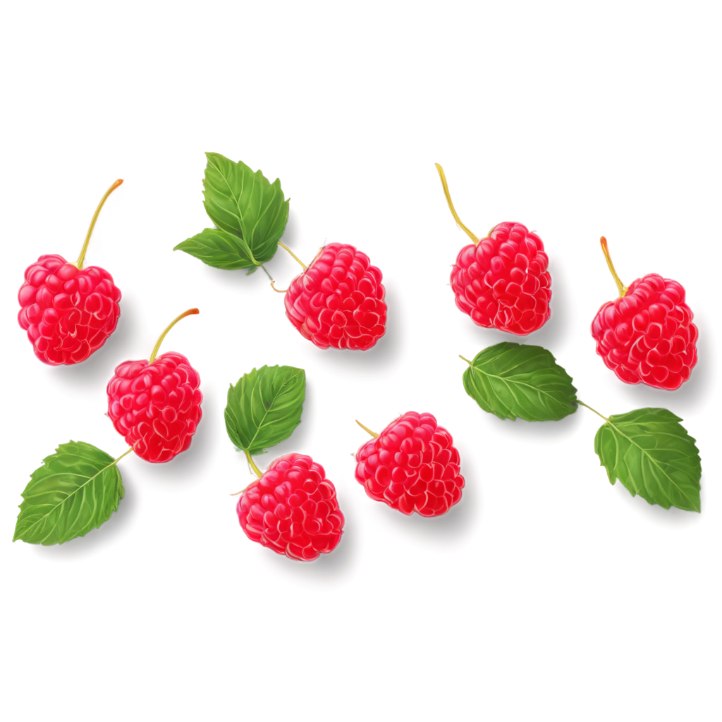 realistic juicy and ripe red raspberries with leaves