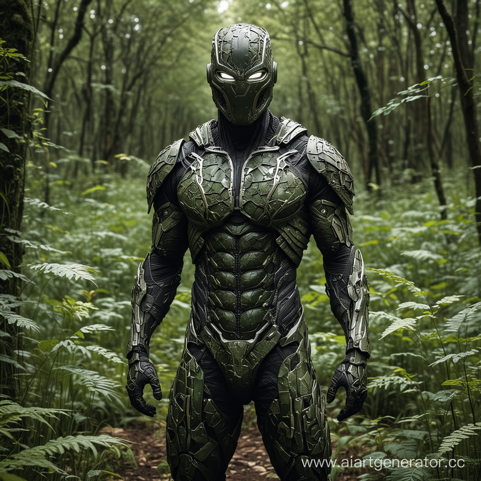 Bio-Blitz: Bioengineered warrior, with a suit that morphs and adapts to the environment, camouflaging seamlessly with surroundings.he wears a hyper mask make it cinematic and make like a masterpiece 