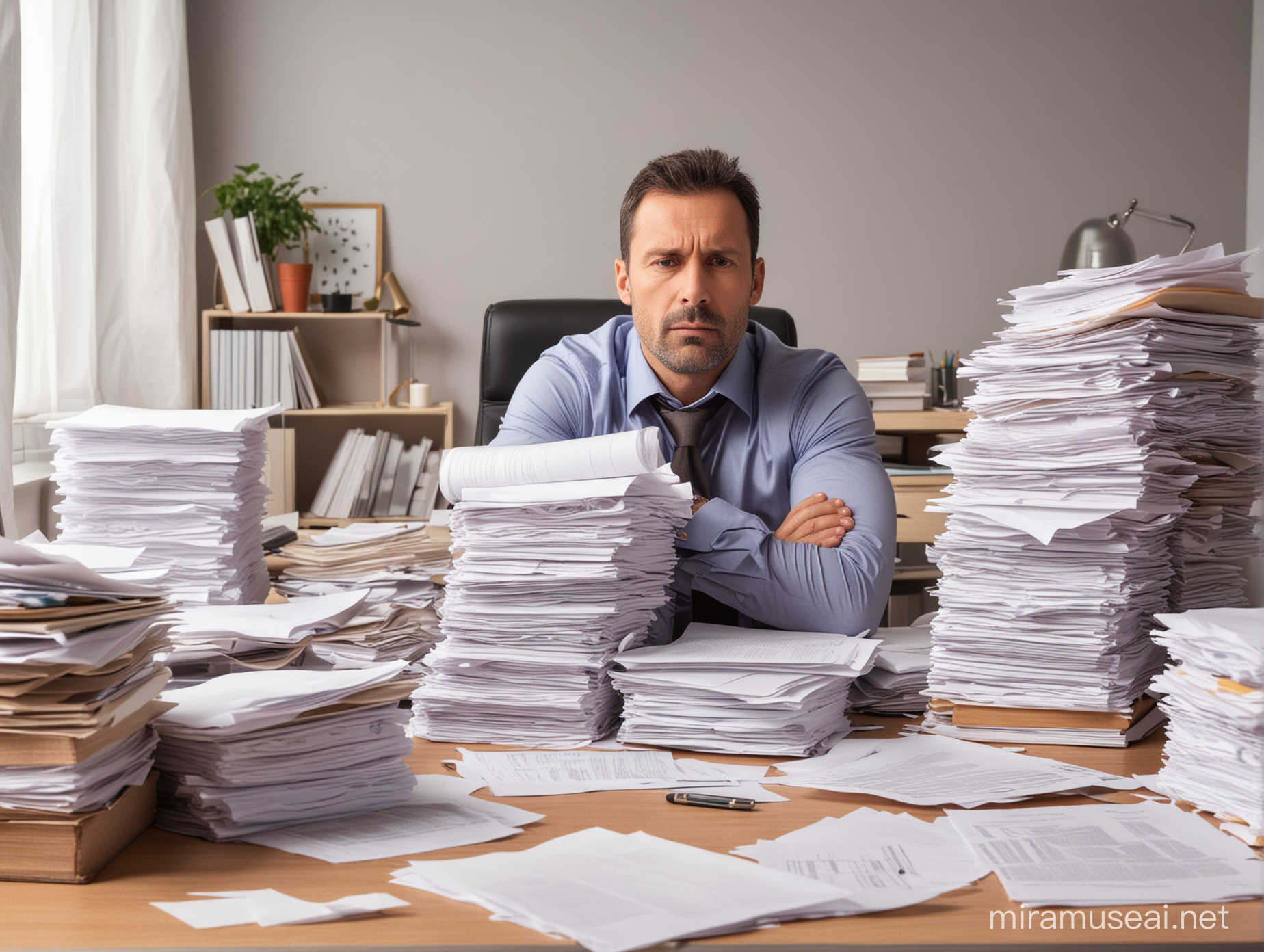 Business man, 45 years old, sitting by his desk at work with piles of papers in front of him. He is kind of tired and feeling overwhelmed