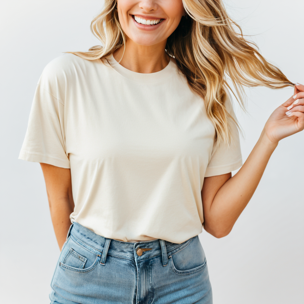 blonde wavy hair woman wearing comfort colors ivory t-shirt mockup, simple boho home background