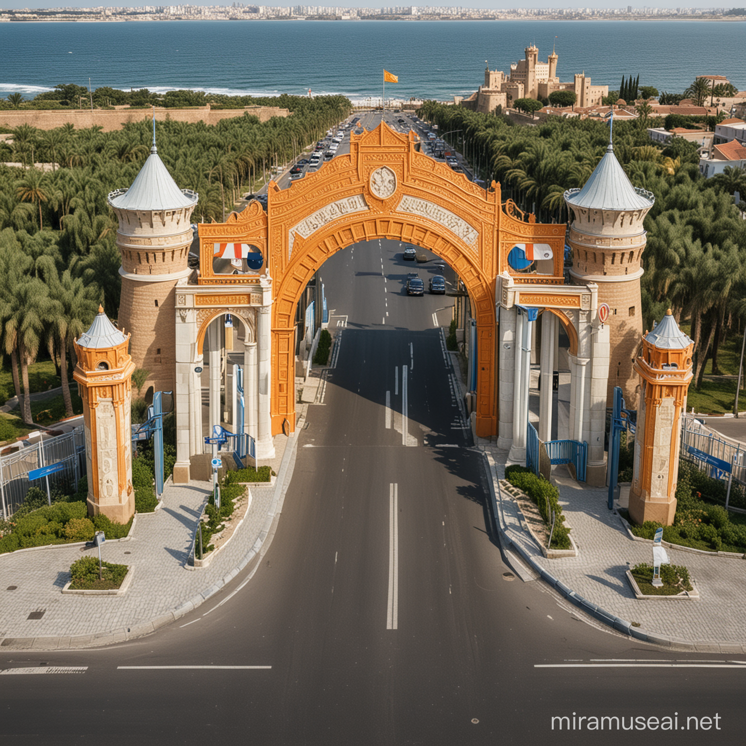 Governorate entrance to pay car tools divided into 3 gates and a toll booth. The design of the governorate entrance to pay car toll is inspired by the shape of sea water, crops, wheat stalks, the castle, and the shape of the shield, in the colors orange, white, blue, beige and yellow, with a distinctive design.