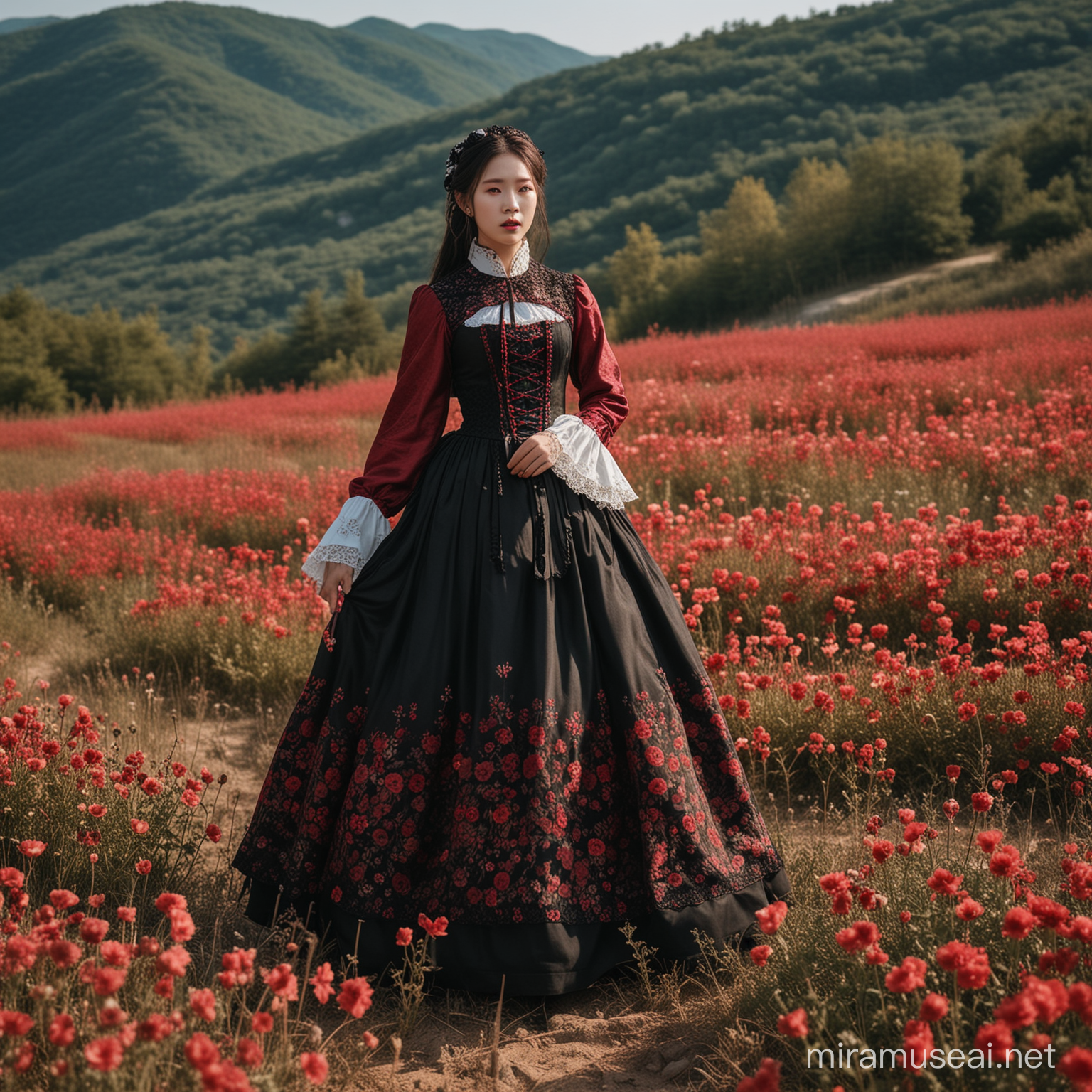 a woman in dress, standing in a mountain top flower field, dark historical baroque dress, gothic lolita dress, historical baroque dress, victorian dress, gothic dress, gothic lolita fashion, medieval dress., red luxury clothing decoration,, korean hanbok, dress romantic, baroque dresses, rich deep colors gothic