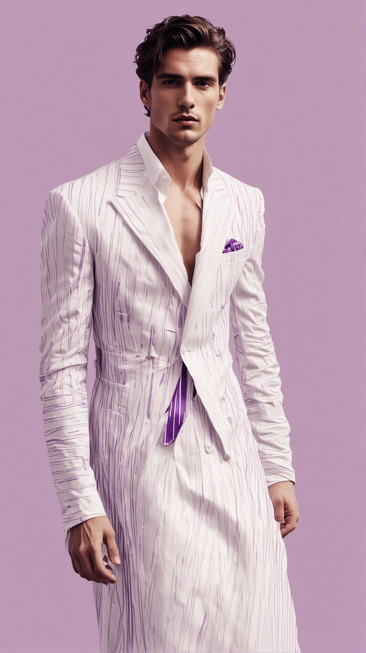 A fashion illustration of a masculine man wearing a classic white wedding dress. A risograph printing. Vogue Magazine. Interview Magazine. Vector based work. A limited color palette. White Background. Graphic design. Layered art. Textured paper. Bad registration. Bold colors. Violet lines. Color contrast. Cinematic dramatic stylish handsome young model revealing abs